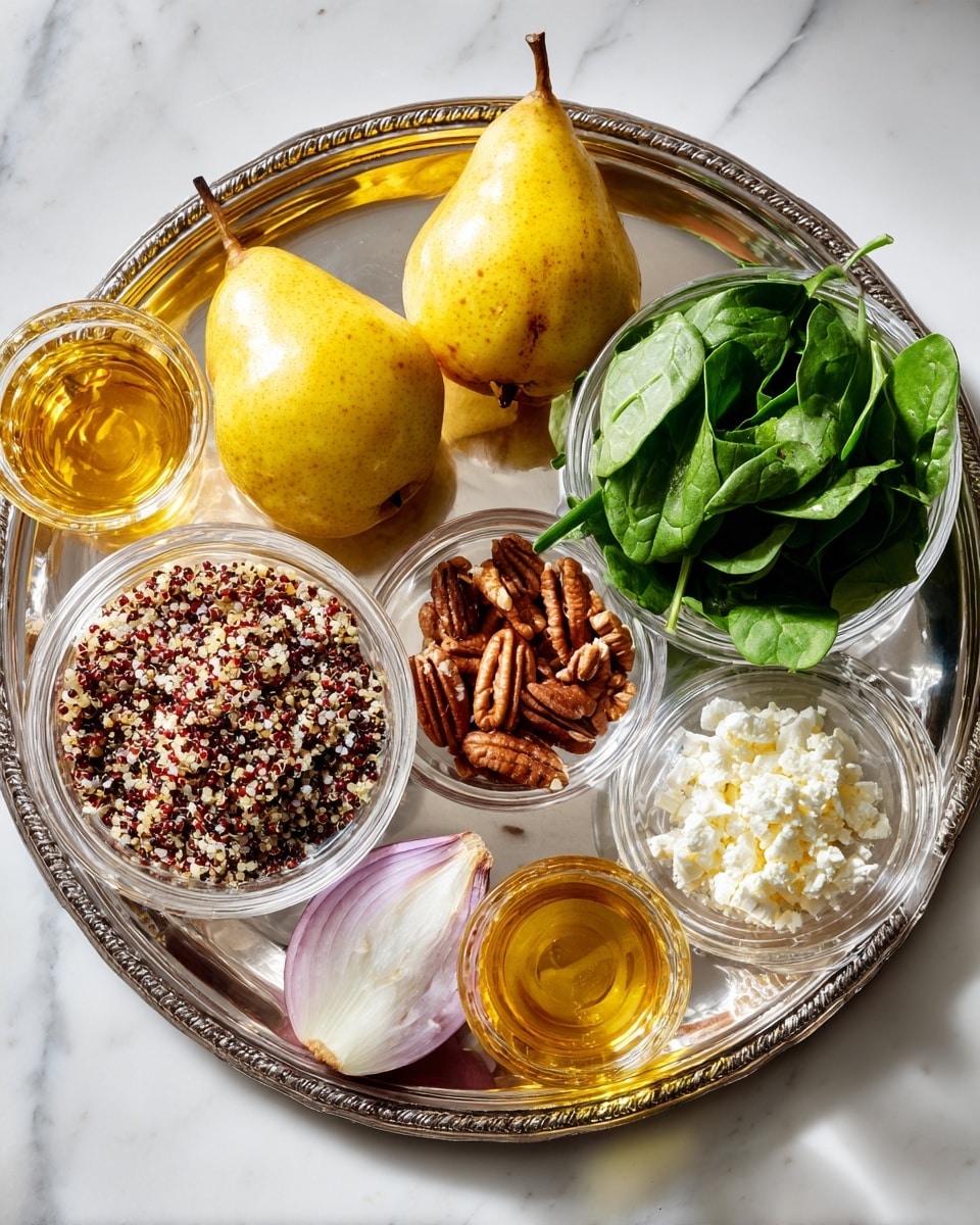 A silver tray on a white marbled surface is arranged with various fresh ingredients: two yellow pears with small brown spots sit in the center, a clear glass bowl filled with bright green spinach leaves is placed at the top right, and a smaller clear bowl containing chopped pecans is nearby. At the bottom left, a larger clear bowl holds cooked quinoa with red, white and black grains mixed. To the right of the quinoa, a small clear bowl is filled with crumbled white cheese. There is a cut piece of purple onion with visible layers near the pecans, and two small clear bowls at the top left hold golden and amber liquids. A single peeled garlic clove lies near the center bottom. The photo captures a natural light from above, photo taken with an iphone --ar 4:5 --v 7