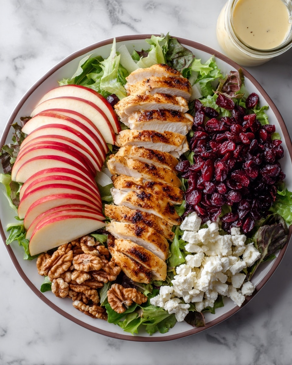 A white plate with a brown rim holds a colorful salad arranged in neat layers on a white marbled surface. The bottom layer is a bed of mixed green leaves forming a fresh base. On top, there is a row of sliced, cooked chicken with a golden brown grilled texture placed in the center. To the right of the chicken, there is a pile of deep red dried cranberries, and next to them, a cluster of light brown walnut halves. On the left side, there are thin, even slices of red apple fanned out, showing their smooth skin and pale flesh. Crumbled white cheese is scattered near the apple slices. In the top right corner of the image, there is a small glass jar of creamy dressing. photo taken with an iphone --ar 4:5 --v 7
