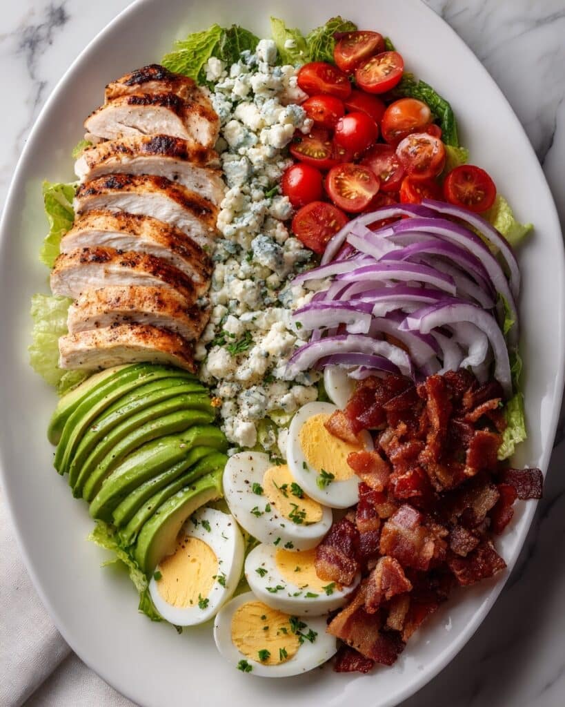Cobb Salad with Grilled Chicken, Bacon, Avocado, and Blue Cheese drizzled in Red Wine Vinaigrette Recipe