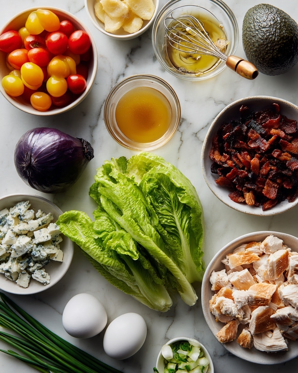 The image shows a white marbled surface with several white bowls and ingredients neatly arranged for a salad. Starting from the top left, a white bowl contains red and yellow small oval tomatoes. Next to it, a small clear glass bowl holds a golden brown dressing with a whisk inside. To the right, a white bowl is filled with small, dark crispy bacon pieces. Below, two bright green romaine lettuce heads lay side by side with fresh texture and veins clearly visible on the leaves. Near the lettuce, there are two whole white eggs, a dark purple small onion, and a dark rough-skinned avocado. A white bowl near the bottom center holds chunks of cooked chicken in light brown shades. A smaller white bowl to the left contains blue cheese pieces with creamy white and blue spots. Fresh green chives lie diagonally across the lower left corner. The whole scene is bright with natural light, highlighting the fresh and vibrant colors of all the ingredients. Photo taken with an iphone --ar 4:5 --v 7