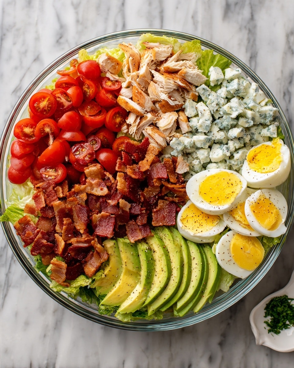A clear glass bowl filled with a colorful salad layered in sections starting with a green lettuce base. On the left, there are bright red halved cherry tomatoes. Next to the tomatoes is shredded light tan chicken. In the center, there are crispy brown bacon pieces. To the right of the bacon, there are small white chunks of blue cheese. On the far right side, there are neatly arranged slices of hard-boiled eggs with yellow yolks and white edges. At the bottom right, there are slices of green avocado with visible texture and black pepper sprinkled on top. The bowl is placed on a white marbled surface, with a small white dish of chopped green herbs partially visible next to it. Photo taken with an iphone --ar 4:5 --v 7