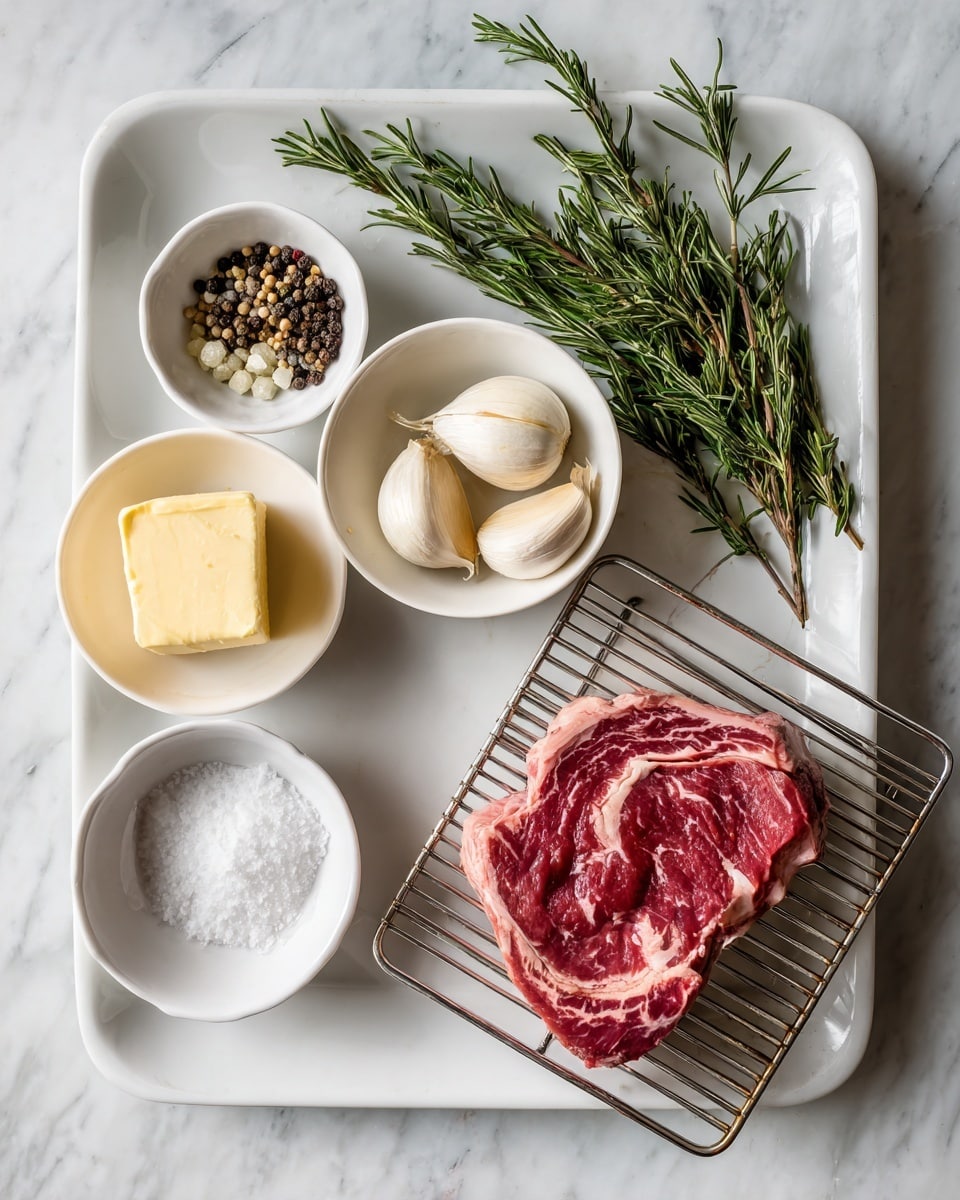 A white tray with a uncooked marbled red steak on a wire rack is set on the right side of the image. To the left of the tray, there are five white bowls arranged on a white marbled surface: one contains fresh green rosemary sprigs, one holds cracked black pepper, one has three peeled garlic cloves, one contains a block of pale yellow butter, and the last bowl is filled with white salt. The overall setup shows raw ingredients neatly organized for cooking with clear textures and colors. photo taken with an iphone --ar 4:5 --v 7