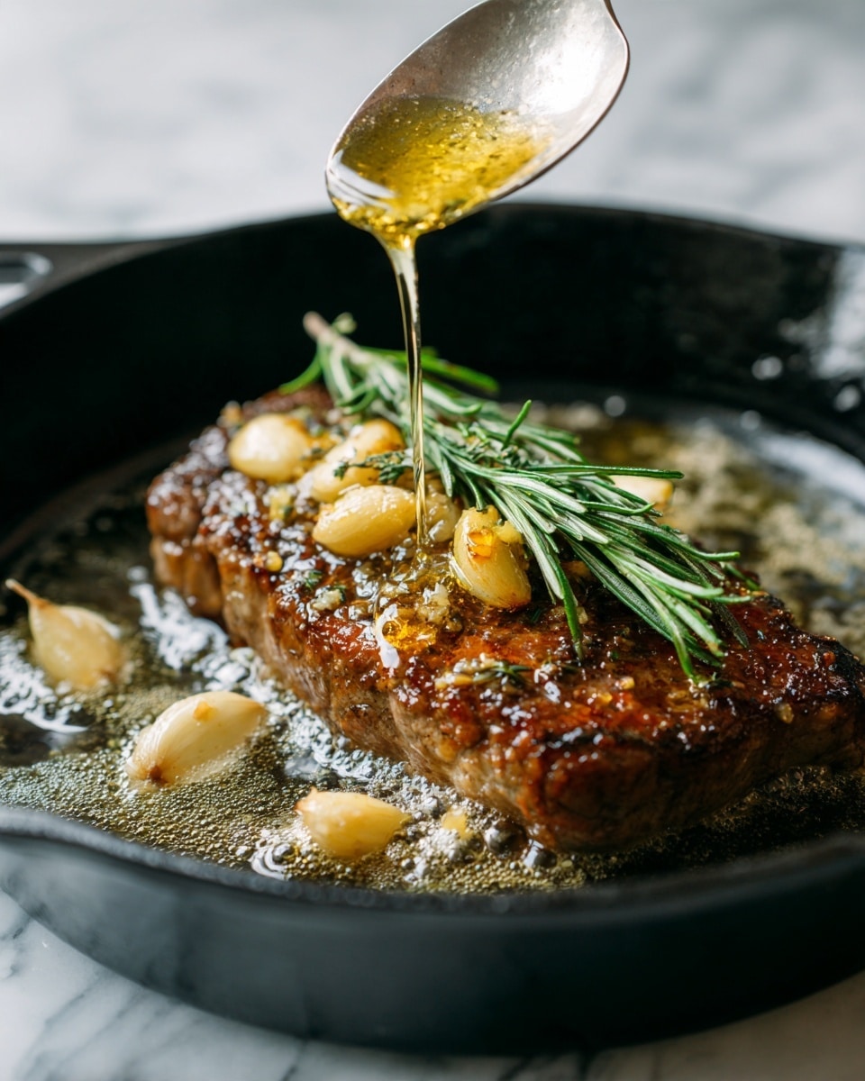 A thick, golden-brown steak sits in a black cast iron pan, covered with hot, bubbling butter. On top of the steak, a fresh green rosemary sprig adds a pop of color. Around the steak, several cloves of golden garlic roast in the bubbly butter. From above, a silver spoon held by a woman's hand is dripping melted butter onto the steak, creating a shiny, rich surface. The background shows the pan and a white marbled surface beneath. photo taken with an iphone --ar 4:5 --v 7