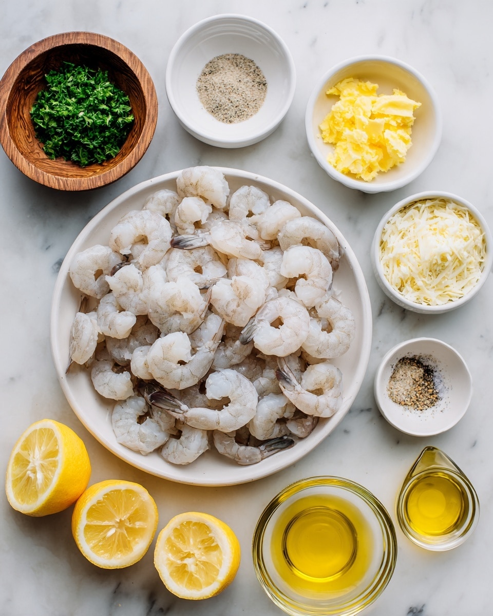 A white plate piled high with many peeled raw shrimp showing their soft gray and translucent skin, surrounded by small white and wooden bowls each filled with different ingredients: one bowl holds bright yellow melted butter, another finely chopped pale yellow garlic, a wooden bowl filled with deep green chopped parsley, a white bowl with grated light yellow cheese, a small white bowl with a mix of black pepper and salt, and a smaller white bowl with yellow mustard. In the foreground, there are three lemon halves with bright yellow flesh and two small clear glasses filled with golden olive oil, all set on a white marbled surface. Photo taken with an iphone --ar 4:5 --v 7