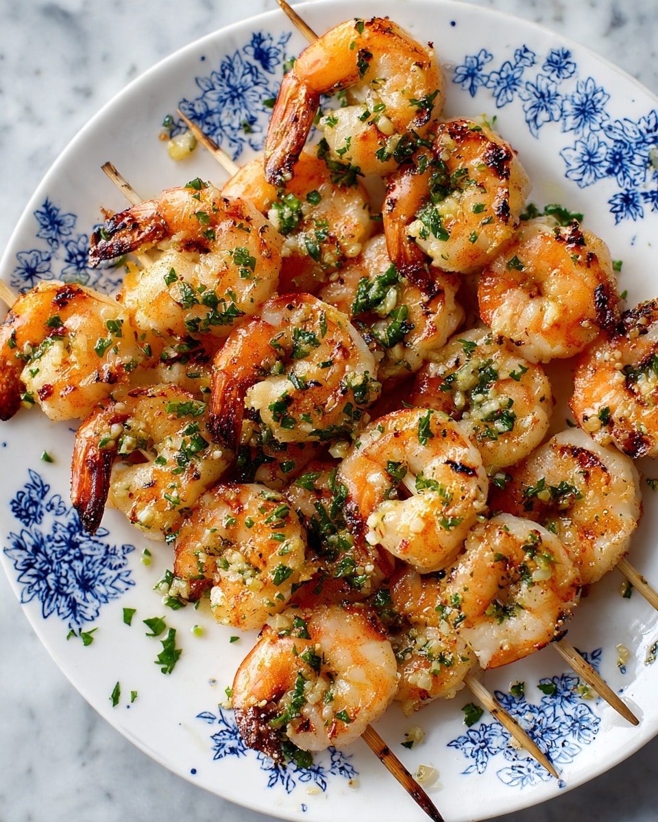 The image shows several wooden skewers each loaded with multiple pinkish-orange grilled shrimp that have light charring and small golden brown spots. The shrimp layers are garnished with finely chopped green herbs and bits of garlic, scattered evenly over the shrimp. The skewers rest on a white plate with a blue floral pattern, and the plate is placed on a white marbled texture surface. The close-up view highlights the shrimp's moist and slightly shiny texture. photo taken with an iphone --ar 4:5 --v 7