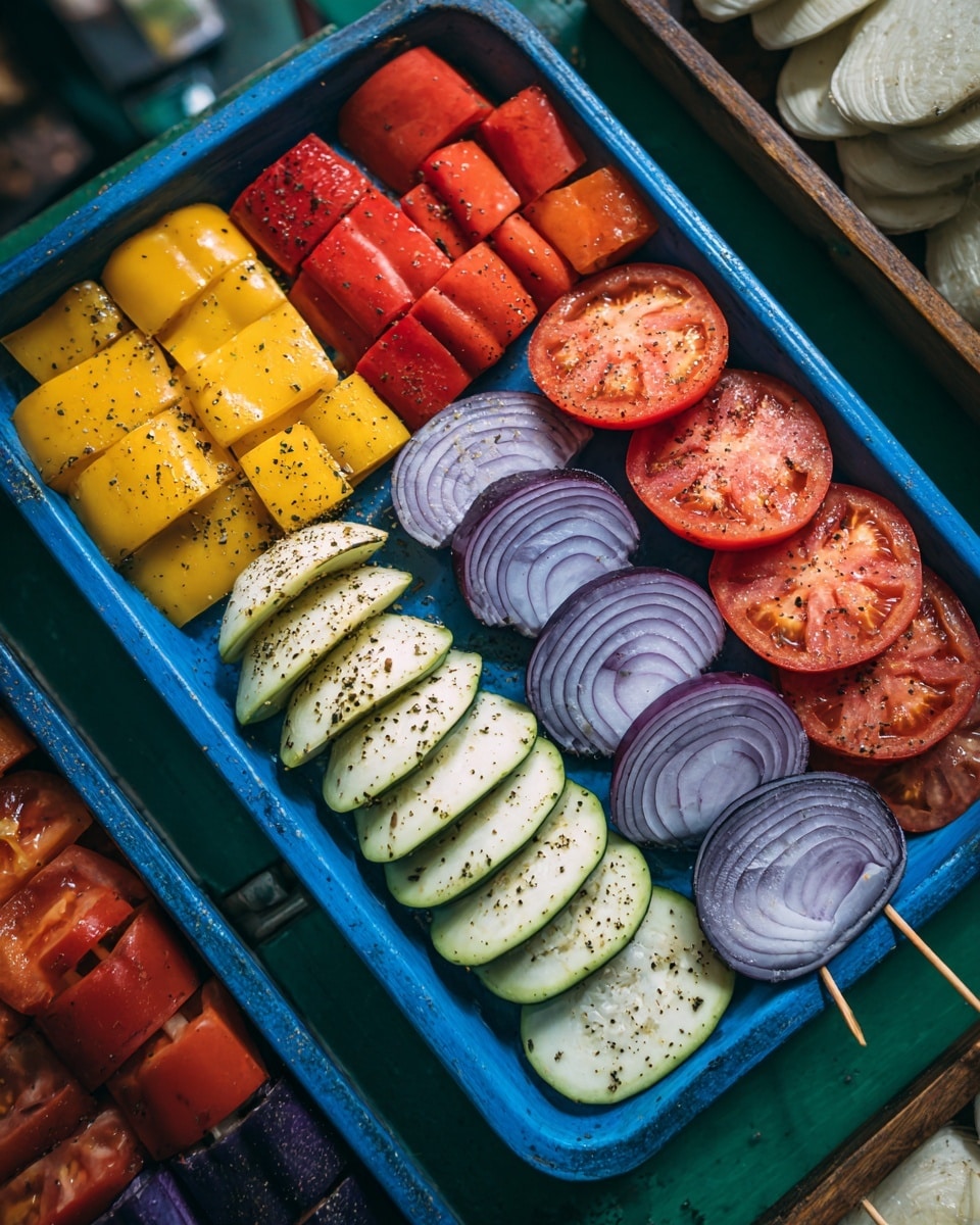 A blue tray filled with several layers of sliced raw vegetables arranged neatly: on the top left, there are squares of red, yellow, and orange bell peppers, each with a smooth, glossy texture; below them are long, thin slices of pale green zucchini with black pepper sprinkled on top; to the right of the peppers, there are round red tomato slices showing their seeds and inner pattern, also sprinkled with black pepper; next to the tomatoes, four purple onion rings on small wooden skewers, showing their layered circular texture; finally, on the bottom right, there are round slices of pale eggplant with some black pepper as well. The tray rests on a surface with a green texture, and parts of another tray with similar vegetables are visible at the bottom of the image. photo taken with an iphone --ar 4:5 --v 7