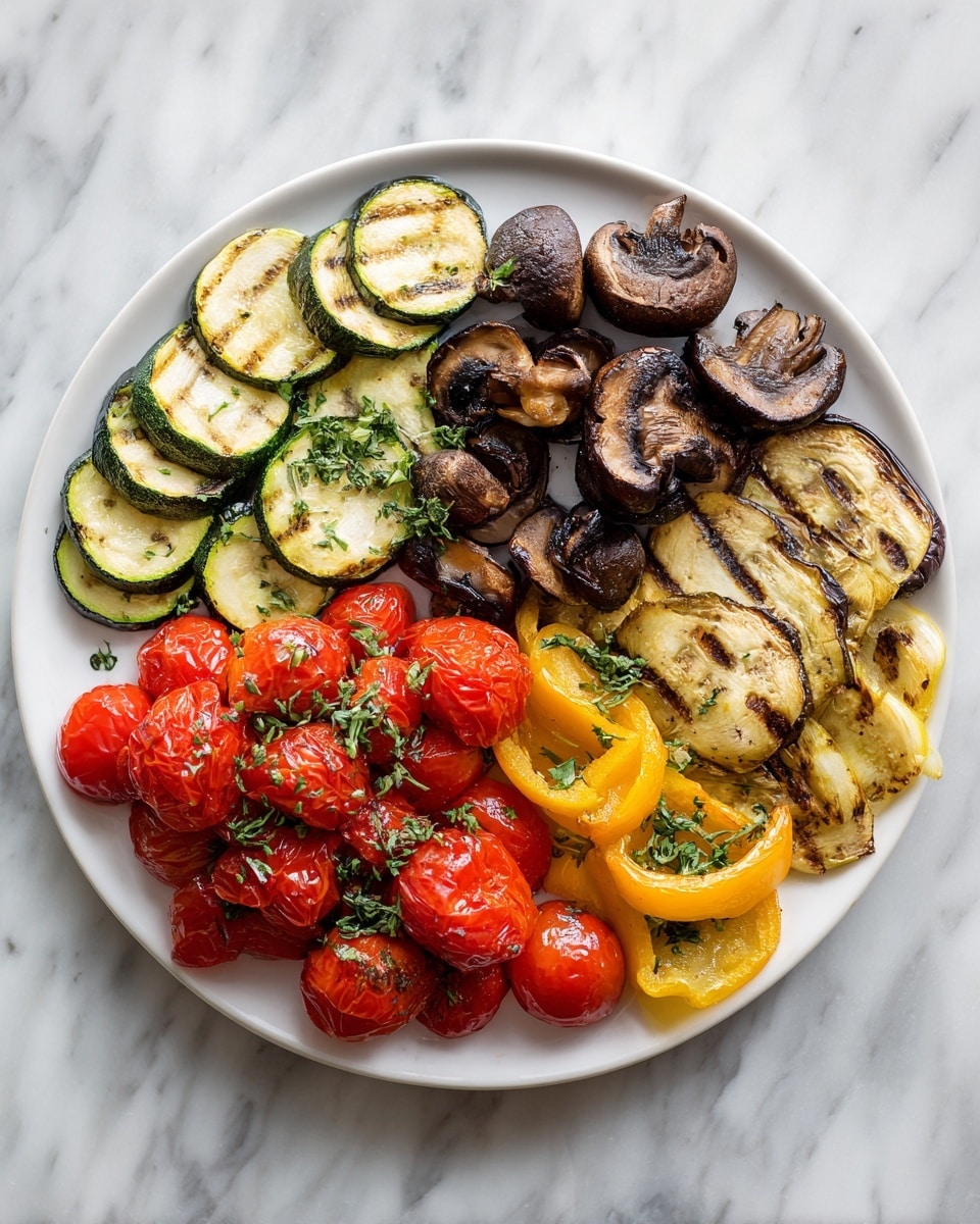 A white plate is filled with five different sections of grilled vegetables arranged in a circle. Starting from the top center and moving clockwise, there are sliced brown mushrooms with a slight char, next to grilled eggplant slices that have a soft purple and beige color. Below the eggplant, there are thinly sliced roasted yellow bell peppers with some green herbs sprinkled on top. In the bottom left section, a bunch of bright red vine tomatoes rests with some green herbs on top, and next to them on the left are rounds of grilled zucchini with yellow and green skin, also garnished with herbs. The plate is set on a white marbled surface. photo taken with an iphone --ar 4:5 --v 7