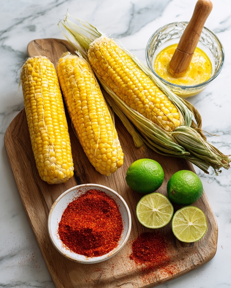 The image shows a wooden board with three yellow corn cobs, two with some green husk peeled back and one fully peeled. A white bowl filled with bright red chili powder is placed near the bottom left, with some chili powder spilled beside it. Around the corn, there are two halved limes and one whole lime, along with a clear glass bowl containing a yellow mixture with a wooden pestle inside. The background is a white marbled texture. photo taken with an iphone --ar 4:5 --v 7