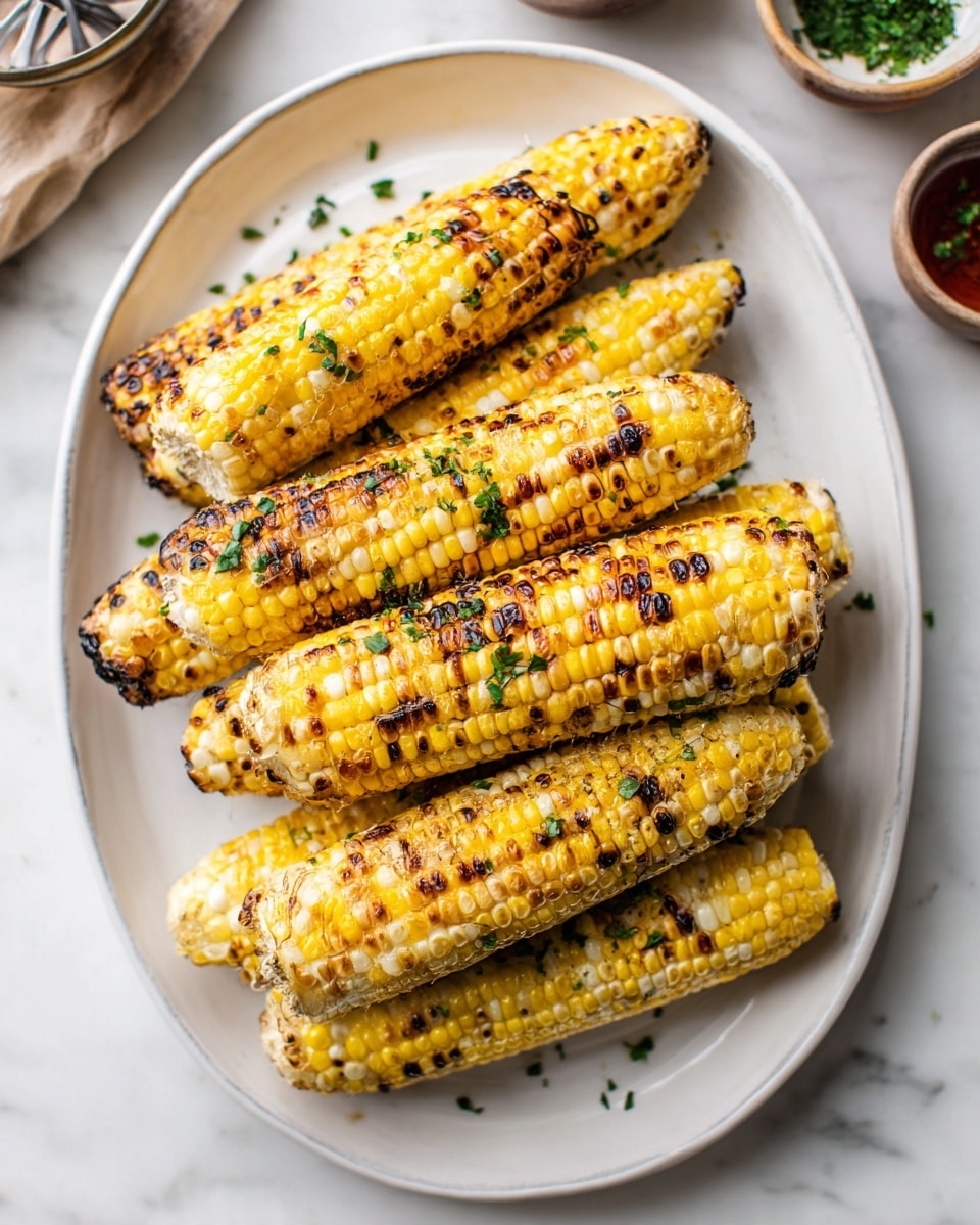 The image shows a white oval plate filled with eight grilled corn cobs arranged in two layers. The bottom layer has five ears of corn, each with yellow and white kernels that are slightly charred in spots. The top layer has three ears placed diagonally, also showing the same yellow and white kernels with some char marks. The corn is topped with small green herb pieces scattered evenly on all ears. The background is a white marbled surface with out-of-focus bowls and cooking tools in the distance. Photo taken with an iphone --ar 4:5 --v 7