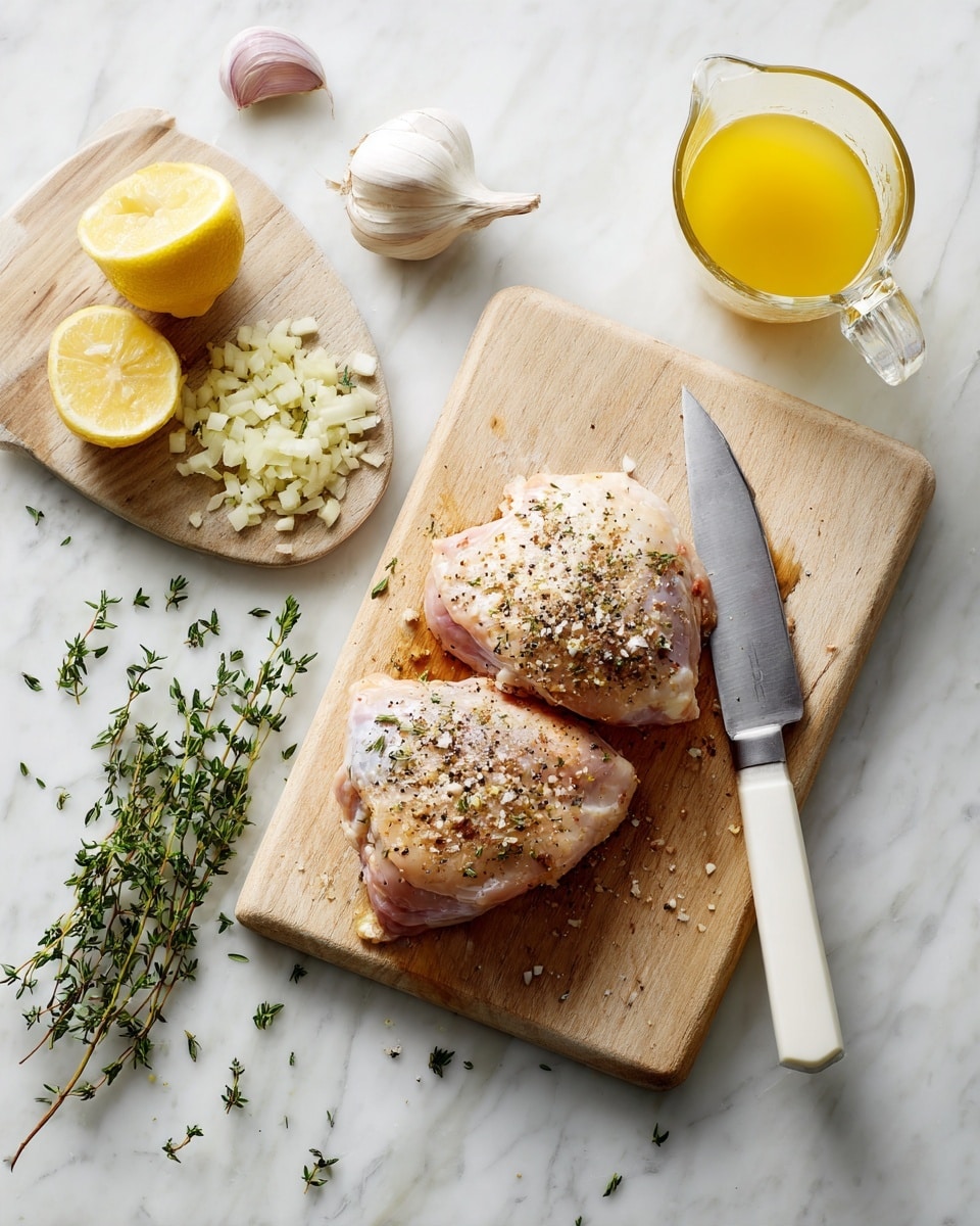 Two raw seasoned chicken pieces lie on a light wood cutting board placed on a white marbled surface. The chicken is topped with coarse salt and ground black pepper. Below the board is a smaller light wood cutting board holding finely chopped shallots and garlic with a white-handled knife resting on it. To the right of the chicken, there is a clear glass measuring cup filled with yellow melted butter, and two half-squeezed yellow lemons rest next to it. Fresh green thyme sprigs are scattered around the bottom left corner. photo taken with an iphone --ar 4:5 --v 7