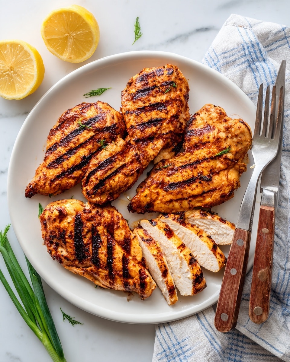 The image shows a white plate filled with five grilled chicken pieces arranged neatly. Four chicken pieces are whole with visible dark brown grill marks, and one piece is sliced into three parts, showing a white, cooked inside. The grilled chicken has a golden-brown color with some charred lines. Around the plate, there are two lemon halves, a green spring onion, a fork and a knife with wooden handles placed on a folded light blue and white checkered cloth. The background is a white marbled surface. photo taken with an iphone --ar 4:5 --v 7