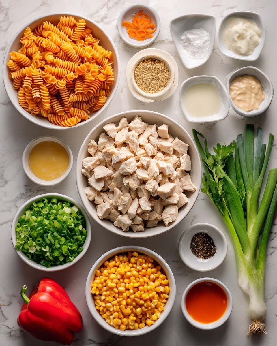The image shows several white bowls and small dishes arranged neatly on a white marbled surface. In the center is a large white bowl filled with chopped light beige cooked chicken. To its left, there is a large white bowl of uncooked orange spiral pasta. Below the chicken bowl, smaller white bowls hold shredded orange carrots, golden brown cooked corn, and chopped green lettuce. Surrounding the bowls are whole red bell pepper, long green onions with white bulbs, and fresh green herbs. Three tiny white square dishes hold salt, garlic powder, and a golden yellow sauce, while two small round bowls have black pepper and a light brown spice. One white bowl contains an orange-red sauce, and another holds a white creamy sauce. Photo taken with an iphone --ar 4:5 --v 7