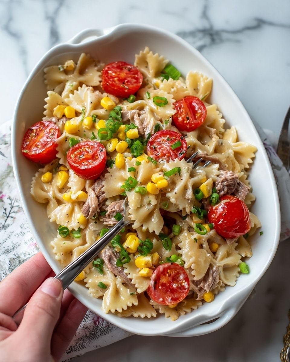 The dish is shown in a white oval bowl filled with a colorful pasta salad. The bottom layer consists of light beige bowtie pasta with a smooth texture, mixed evenly with shredded meat pieces in a pale brown tone. On top of the pasta are bright yellow corn kernels scattered throughout. There are halved, vibrant red cherry tomatoes placed evenly among the other ingredients. Small slices of fresh green onion are sprinkled all over, adding a fresh green color contrast. The dish looks creamy with a light sauce coating the pasta and other ingredients. A woman's hand is holding a fork inside the bowl, lifting some pasta and other ingredients. The background is a white marbled surface with part of a paper showing under the bowl. Photo taken with an iphone --ar 4:5 --v 7