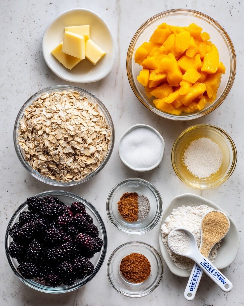 The image shows several clear glass bowls and white dishes placed on a white marbled surface. In the top left, a white dish holds small pieces of yellow butter. Next to it, a glass bowl contains rolled oats in a light beige color. To the right, a large glass bowl is filled with bright orange-yellow sliced peaches. Below the oats, a small glass bowl holds white granulated sugar. Below the sugar, three small glass bowls contain ground nutmeg, salt, and ground cinnamon, all in fine powders of brown and white shades. In the bottom left, a large glass bowl is filled with shiny blackberries, deep purple-black in color. Near the bottom right, two white measuring spoons with blue markings hold brown sugar and white flour, with the brown sugar being coarse and the flour fine and powdery. A small clear dish with a light yellow liquid sits nearby. A pinch of brown spice powder lies directly on the surface. All items are neatly arranged and well-lit. photo taken with an iphone --ar 4:5 --v 7