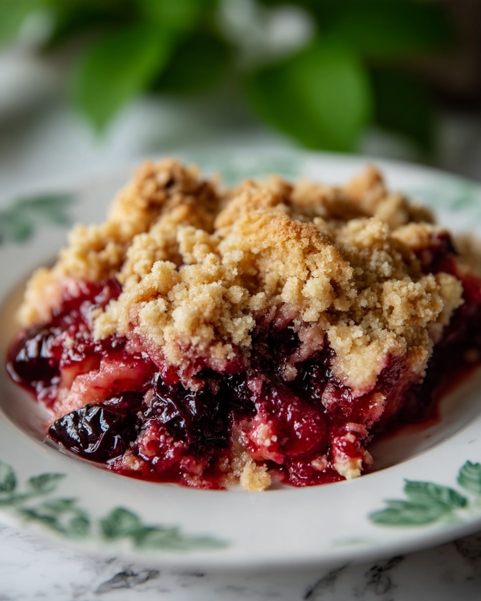 A close-up of a warm fruit crumble served on a white plate with a light green leaf pattern around the edge. The dish has two layers: the bottom layer is thick, dark red berry filling that looks juicy and soft, and the top layer is a golden-brown crumb topping with a crumbly, crunchy texture. The crumble covers the fruit unevenly, showing some of the glossy berries underneath. The background is blurred greenery, and the dish is placed on a white marbled surface. Photo taken with an iphone --ar 4:5 --v 7
