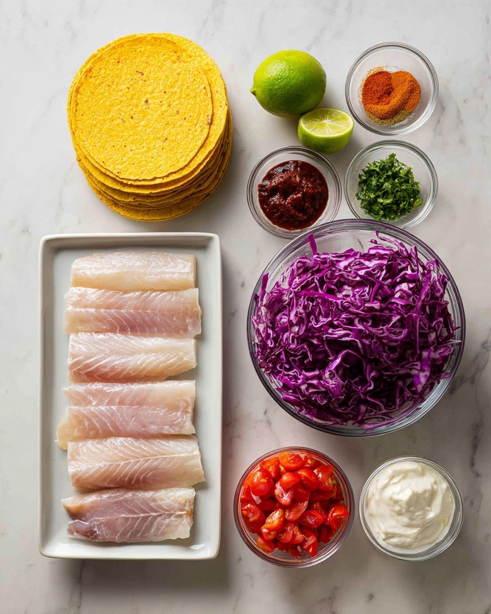 The image shows a neatly arranged layout of fresh ingredients on a white marbled surface. On the left, there is a white rectangular plate holding several raw tilapia fillets with a pale pinkish color, placed near a stack of six yellow corn tortillas that have a slightly rough texture. Above the fillets and tortillas, there are three lime wedges and one whole lime with bright green skin. To the right of the limes, there are small clear glass bowls arranged in rows containing various spices and liquids: some powders are reddish orange, light brown, and dark brown; one bowl has finely chopped green herbs; another holds minced garlic; one contains a dark chunky red sauce; and a few have clear, yellowish, or light beige liquids. On the top right side, a large clear glass bowl is filled with shredded purple cabbage with curly edges, and below it, another clear glass bowl holds finely diced red tomatoes. At the bottom right, there is a small clear bowl filled with thick white sour cream or yogurt, all presented clearly with bright, natural light. The photo taken with an iphone --ar 4:5 --v 7