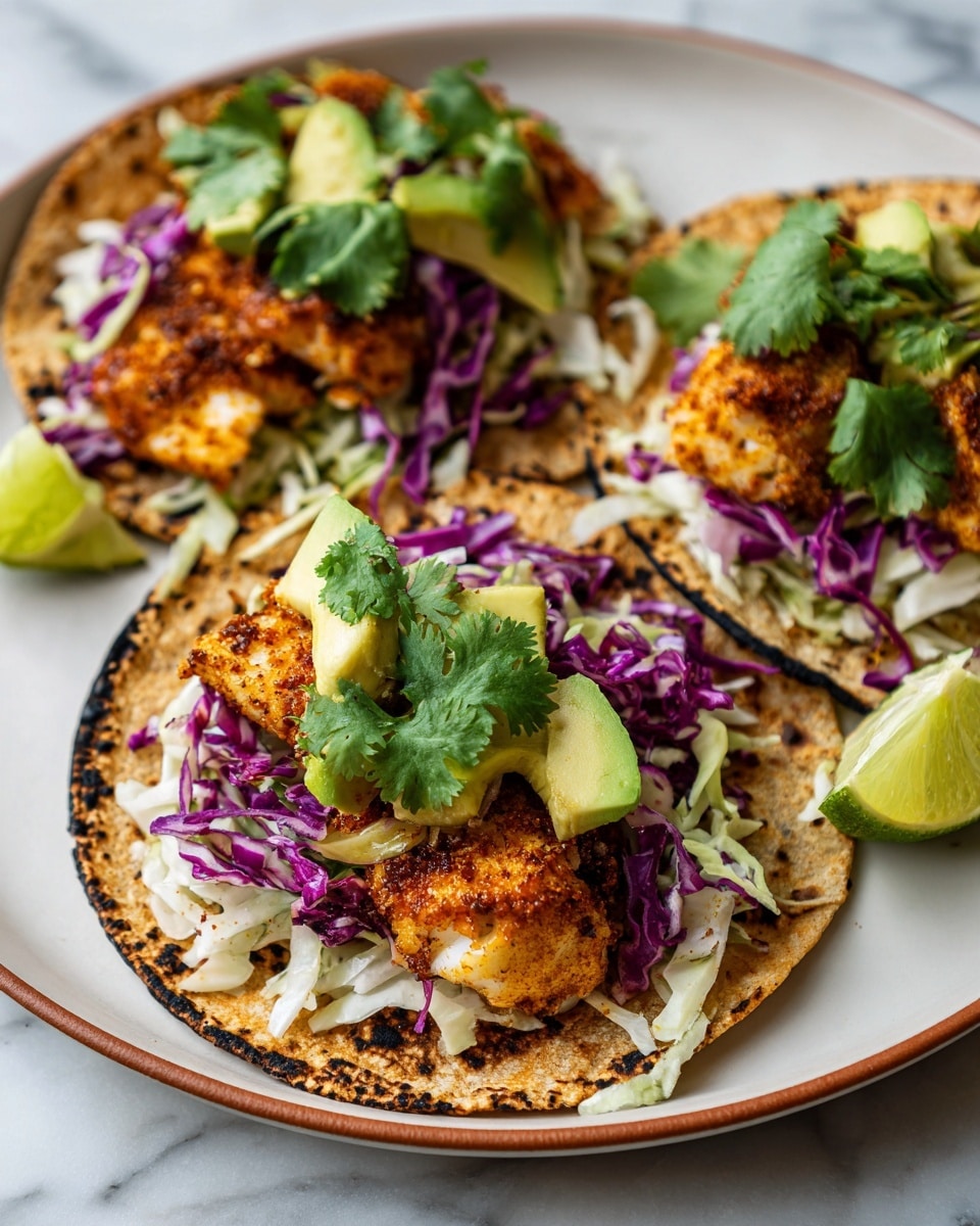 The image shows three tacos on a white plate with a brown rim. Each taco has a warm, slightly charred tortilla as the base, topped with a layer of golden-brown seasoned fish with a light crust, covered with a mix of shredded white and purple cabbage creating a crunchy texture and purple and white colors. On top of the cabbage, there are bright green slices of avocado and fresh cilantro leaves adding vibrant green tones. At the back of the plate, there is a lime wedge. The plate is placed on a white marbled surface. Photo taken with an iphone --ar 4:5 --v 7