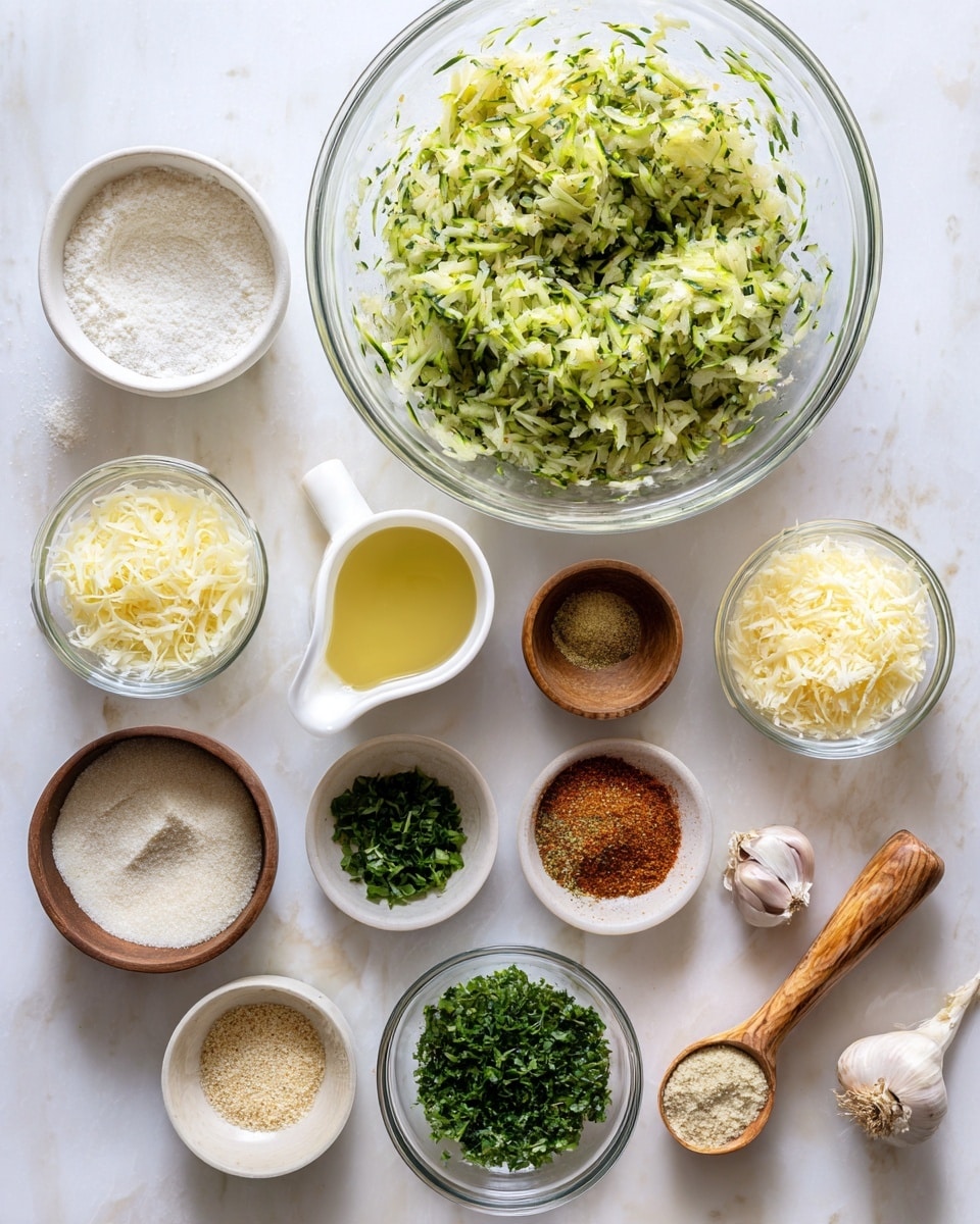 The image shows a collection of small clear glass bowls arranged neatly on a white marbled surface, each holding different ingredients for a recipe. A large glass bowl at the top left contains shredded green zucchini mixed with herbs, showing a fine, slightly wet texture. Below it, there is a white measuring cup filled with a light yellow liquid, possibly oil. Surrounding these main bowls are smaller bowls and a measuring cup holding different dry and chopped ingredients: bright green chopped fresh herbs in one bowl, finely minced garlic in another, a bowl of finely shredded pale yellow cheese with a small wooden-handled spoon, a white powdery substance in a small bowl, and three other small bowls with various spices—one with a reddish powder, one with a pale yellow powder, and one with a beige powder. A white measuring cup holds a white grainy substance on the left side. All the bowls are transparent except for the white measuring cups, and the setting is clean with a simple white marbled background photo taken with an iphone --ar 4:5 --v 7