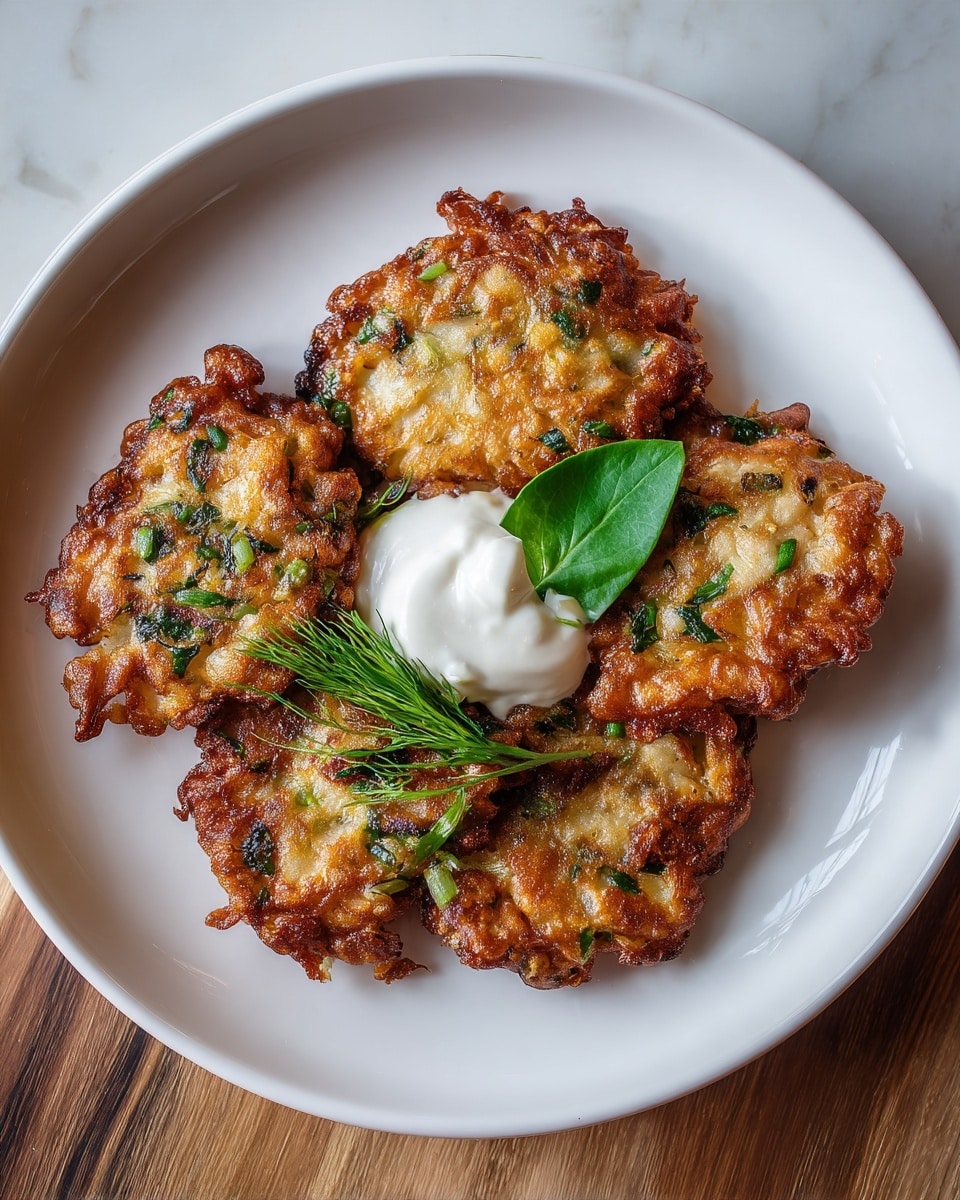 A white plate holds five golden brown fritters with crispy, uneven edges and a mix of green bits from chopped herbs or vegetables visible throughout. In the middle is a dollop of white creamy sauce placed on a single bright green leaf, creating a soft contrast with the fritters. The plate sits on a white marbled surface with subtle veins, next to a smooth wooden texture visible at the corner. photo taken with an iphone --ar 4:5 --v 7