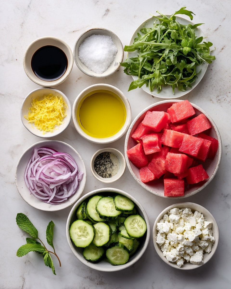 The image shows nine small white bowls with different ingredients arranged on a white marbled surface. Starting from the top right, one bowl is full of bright red cubed watermelon pieces, next to it a bowl with golden olive oil. Below the olive oil bowl is a small bowl with a bright yellow lemon zest. To the left of that is a small bowl with white salt. Above the salt bowl is a small bowl with white lemon juice. To the left of the lemon juice is a small bowl with finely chopped purple onions. At the bottom left is a bowl filled with light green sliced cucumber, and next to it is a larger bowl filled with dark green fresh arugula leaves. At the bottom right is a bowl filled with crumbled white feta cheese. Above the cucumber bowl, there is a small white plate with fresh green mint leaves. The photo is taken with an iphone --ar 4:5 --v 7