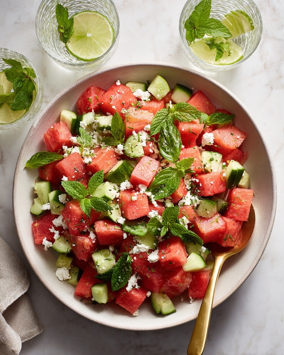 A large round white bowl is filled with a fresh salad made of bright red watermelon cubes and vibrant green cucumber chunks. Small white crumbles of cheese are sprinkled evenly over the salad, adding a soft texture contrast. Fresh green basil and mint leaves are scattered on top, giving a pop of leafy color and freshness. A gold spoon rests inside the bowl on the right side. Surrounding the bowl on a white marbled surface are three clear glasses with bright green leaves and slices of lime, creating a refreshing vibe. Photo taken with an iphone --ar 4:5 --v 7