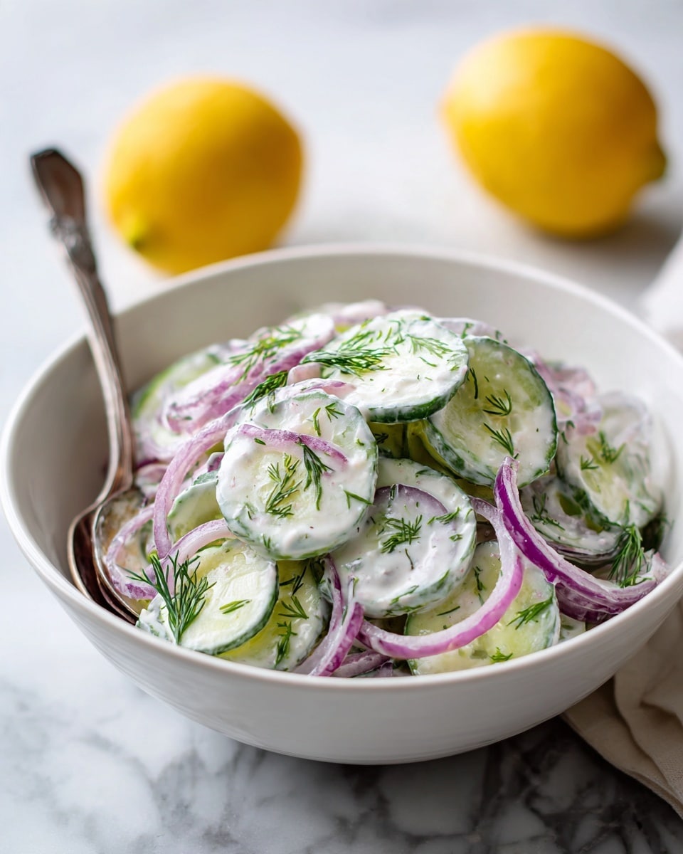 A white bowl filled with a creamy cucumber salad shows several layers: thin, round slices of bright green cucumber mixed with thin, curved slices of purple-red onion, all coated in a thick, white creamy dressing. Fresh green dill sprigs are scattered evenly throughout, adding a touch of leafy texture and color contrast. A silver spoon rests inside the bowl, leaning towards the edge. In the background, slightly out of focus, there are two yellow lemons on a white marbled surface. Photo taken with an iphone --ar 4:5 --v 7