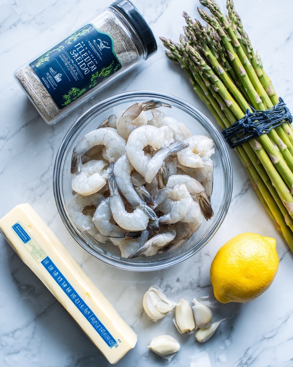 A clear glass bowl in the center filled with white and slightly translucent raw shrimp with tails on, sitting on a white marbled surface. To the right, there is a bright yellow lemon with a smooth texture and next to it a bundle of green asparagus tied with a dark blue band, showing fresh, firm spears. To the left of the bowl, there is a clear plastic jar of Italian seasoning with a dark blue label and green decorative elements, lying at an angle. In front of the jar, there is a stick of pale yellow butter with a blue measurement label on the side, and next to the butter, several cloves of peeled garlic scattered loosely on the surface. The whole setup looks fresh and ready for cooking, with natural colors and textures. Photo taken with an iphone --ar 4:5 --v 7