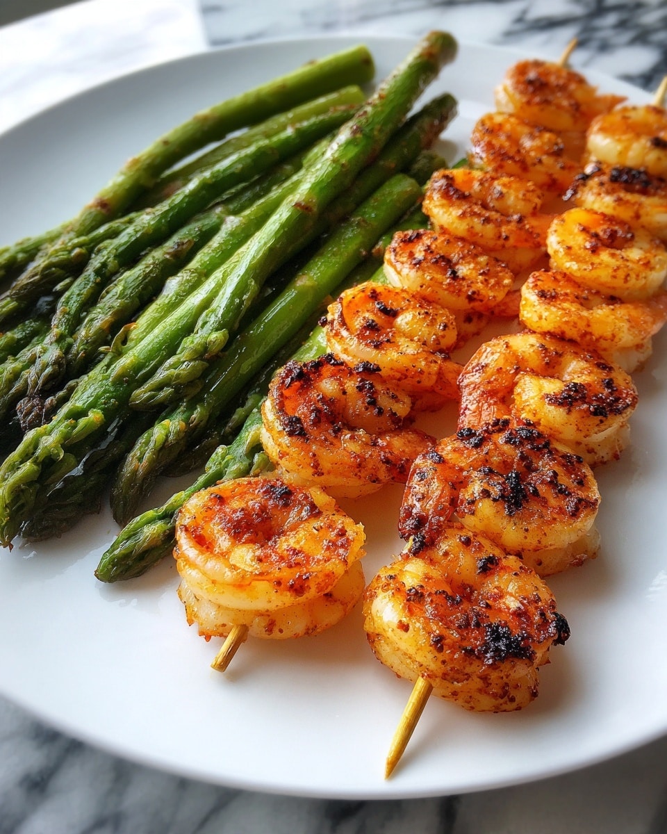 A close-up view of a white plate with two skewers of grilled shrimp on the right side, showing bright orange shrimp with char marks and spices. On the left side of the plate, there are several long grilled asparagus spears, green with slight browning and grill marks. The plate rests on a white marbled surface. photo taken with an iphone --ar 4:5 --v 7
