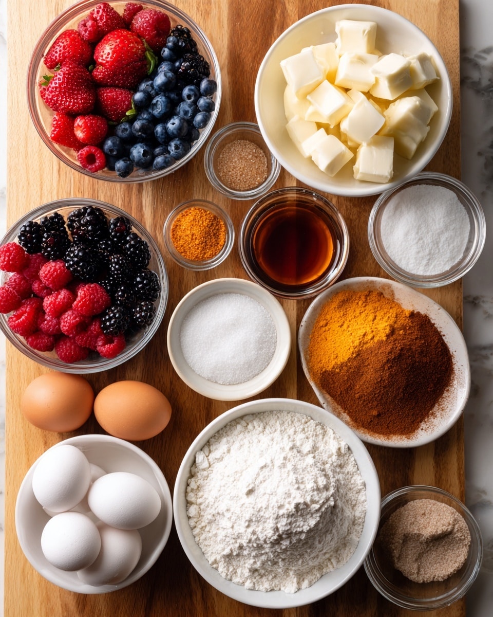 The image shows a wooden surface with 12 clear glass and white bowls arranged neatly. At the top center, there is a clear bowl filled with white cubed butter. To its right is a small bowl with brown liquid, and below that is a small bowl with white powder. On the top left is a white bowl filled with mixed fresh berries including strawberries, raspberries, blackberries, and blueberries arranged in colorful sections. Below this is a small bowl of white granulated sugar, a small bowl of brown sugar, and a small empty glass bowl. Near the bottom left is a white egg, a small bowl with three white balls, a small white bowl with powder, and a large bowl filled with white flour. In the center is a bowl of light flour with a heap of orange zest and a pinch of ground spice. The background is a white marbled texture. photo taken with an iphone --ar 4:5 --v 7
