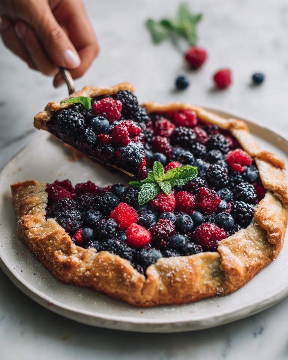 A rustic fruit galette with a golden brown, flaky crust folded over the edges, revealing a thick layer of mixed berries including dark blueberries, blackberries, and red raspberries inside. The berries appear juicy and fresh, tightly packed in the center, spilling slightly under the folded crust edges. A small sprig of fresh green mint is placed on top for color contrast. The galette sits on a white plate over a white marbled surface with a woman's hand holding a pie server lifting a single slice from the pie. Extra berries are scattered casually around the plate. Photo taken with an iphone --ar 4:5 --v 7