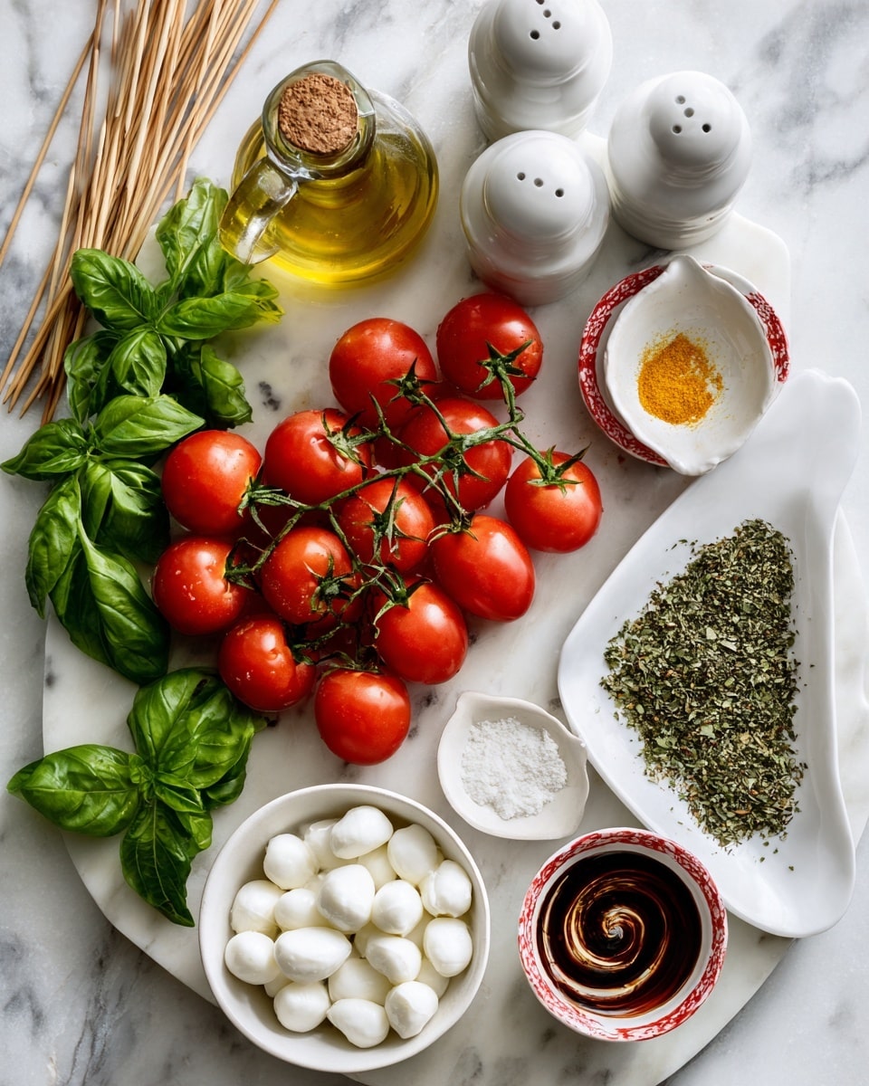 A white marbled surface with fresh ingredients arranged neatly: a bunch of ripe red cherry tomatoes still on the vine at the center, green fresh basil leaves on the lower left, and a white bowl filled with small white mozzarella balls on the lower right. Nearby are two small white bowls with red rims, each containing fine yellow powders. To the right, a white triangular plate holds dried green herbs, and next to it, a small white bowl with dark thick balsamic glaze swirled on the inside. Wooden skewers with loops at the ends lie to the left of the tomatoes. At the top left, there is a clear glass bottle filled with golden olive oil and closed with a cork, and two white ceramic salt and pepper shakers stand beside it. Photo taken with an iphone --ar 4:5 --v 7