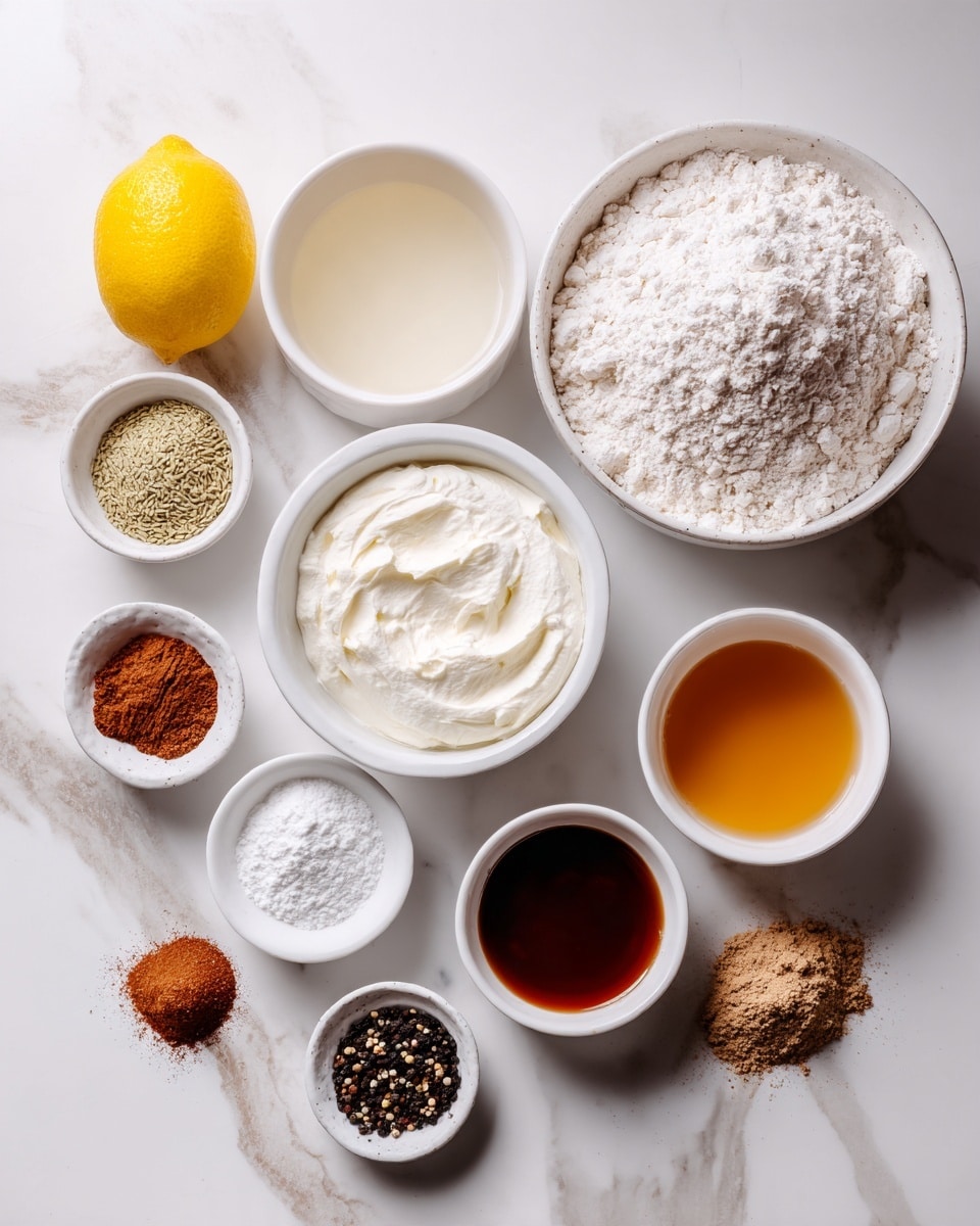 The image shows nine small white bowls and a lemon arranged on a white marbled surface. In the top right is a large white bowl filled with flour, below it a large white bowl with a pale liquid, and to the right are two smaller white bowls, one with a light amber liquid and the other with a dark brown liquid. Near the bottom left is a medium white bowl with a thick white creamy substance. Scattered around are smaller white bowls with different powders and spices, including white powder, a mix of brown and reddish spices, and black seeds. A bright yellow lemon sits on the left side. photo taken with an iphone --ar 4:5 --v 7