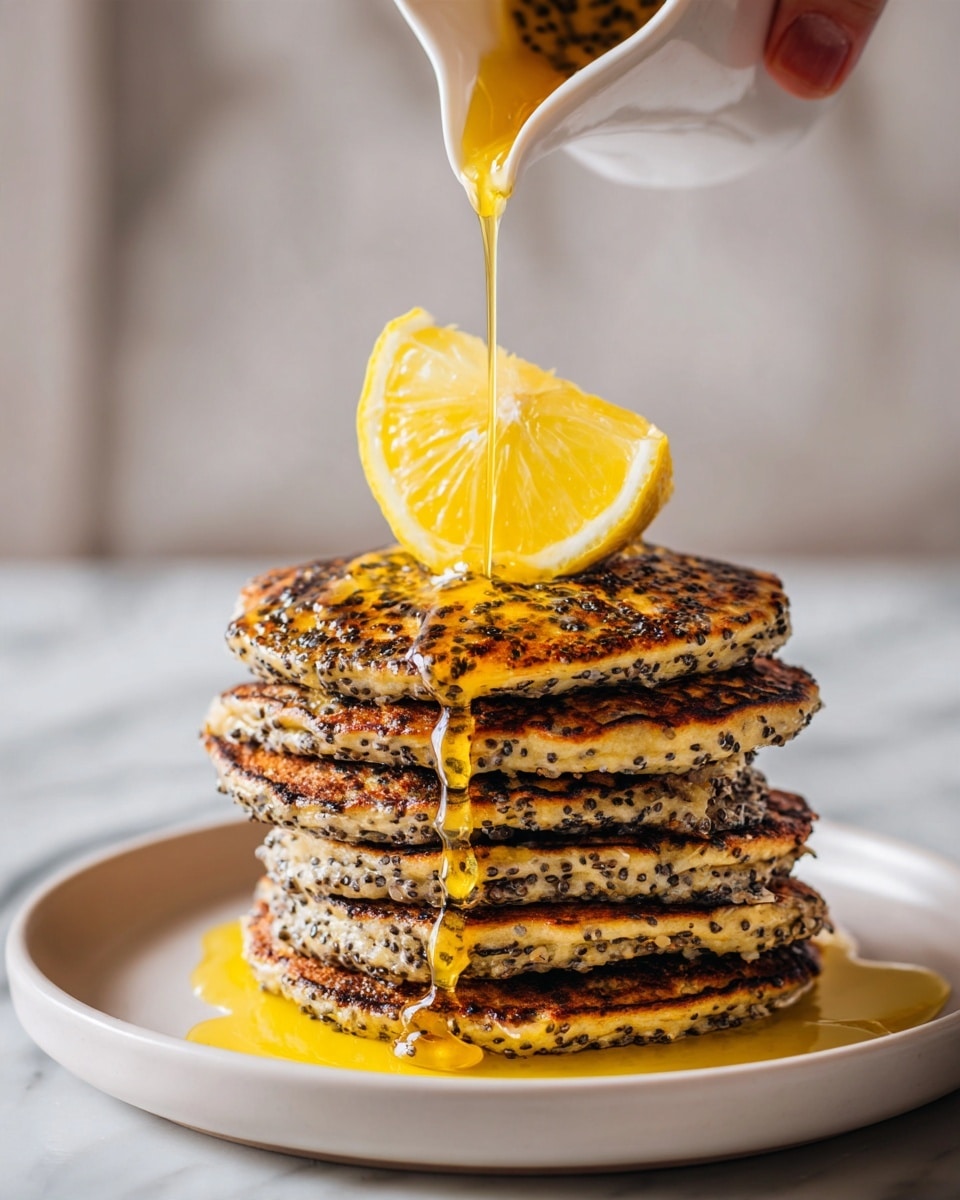 A stack of six thick pancakes with small dark seeds spread evenly throughout is placed in the center of a white plate. On top of the stack sits a bright yellow lemon wedge. Golden syrup is being poured over the lemon and pancakes, with syrup dripping down the sides of the stack. The background features a white marbled surface, and a woman's hand can be seen holding the syrup bottle from above. Photo taken with an iphone --ar 4:5 --v 7