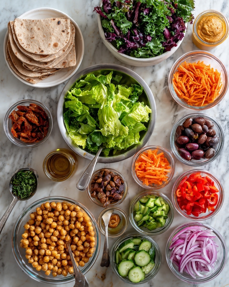 The image shows many small glass bowls and jars laid out on a white marbled surface with different fresh ingredients arranged neatly. At the top left, there are four folded light brown flatbreads stacked on a white plate. Next to them, a white bowl holds mixed dark green leafy vegetables with purple leaves. Below, a stainless steel bowl contains fresh light green romaine lettuce leaves. Scattered around are small clear glass jars and bowls filled with dark brown olives, chopped bright red tomatoes, dark sun-dried tomatoes, shredded orange carrots, thin red onion slices, bright red roasted bell peppers, pale green cucumber pieces, and light green chopped celery. At the bottom left, a large clear bowl is filled with round, tan-colored chickpeas. A metal measuring spoon with chopped green herbs rests near the chickpeas. Two small clear bowls contain creamy orange spreads, and there are small open jars with dark and light liquids near the bottom right corner. The surfaces and containers are clean and well-organized, showing a colorful mix of fresh, raw ingredients. photo taken with an iphone --ar 4:5 --v 7