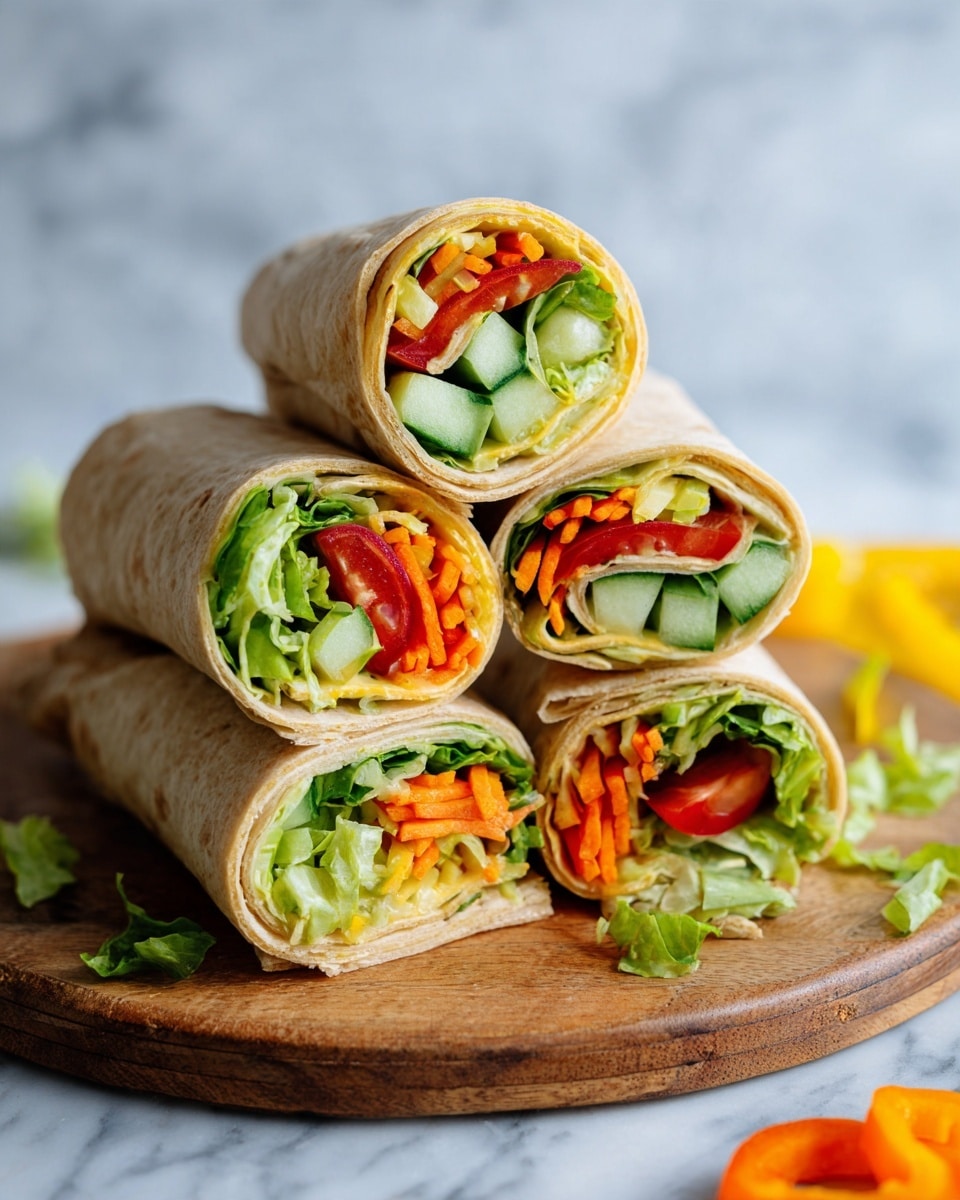 The image shows four vegetable wraps cut in half and stacked on a round wooden board, placed on a white marbled surface. Each wrap has a light brown tortilla as the outer layer, soft and slightly textured. Inside, the layers include green leafy lettuce, bright orange shredded carrots, yellow bell pepper strips, pale green cucumber slices, and slices of red tomato, all packed tightly together to form a colorful filling. The wraps are presented casually, with some green leafy bits scattered around the board and thin yellow bell pepper slices in the blurred background. Photo taken with an iphone --ar 4:5 --v 7