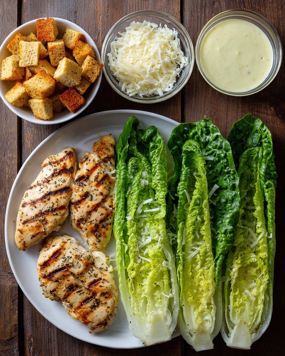 A white plate holds two grilled chicken pieces with visible grill marks, light brown color, and pepper seasoning on top. Next to the plate are three long green romaine lettuce halves showing fresh crisp leaves with a light green center and darker green edges. Above the lettuce is a small glass bowl filled with pale yellow creamy dressing, next to it a small glass bowl with thin white cheese shavings. To the top left is a white bowl filled with golden brown croutons with a crunchy texture. All items are placed on a dark wooden surface. Photo taken with an iphone --ar 4:5 --v 7