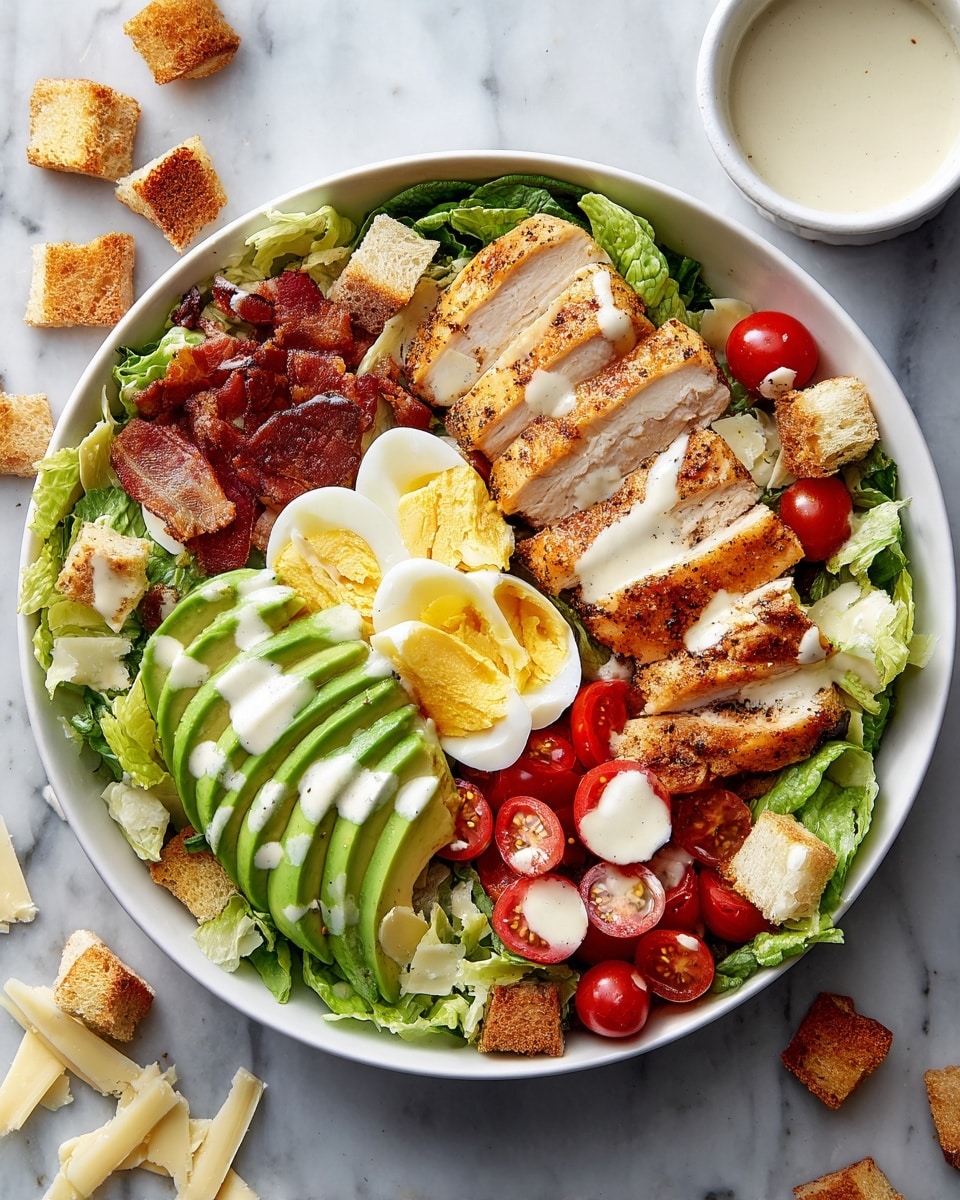 A white bowl filled with fresh green lettuce leaves as the base layer. On top, there are several slices of grilled chicken with a golden-brown crust placed in the center. To the left and right of the chicken, there are slices of bright green avocado arranged in a fan shape. Hard-boiled eggs, cut into quarters showing off their yellow yolks and white edges, are placed above the chicken along with cherry tomato halves scattered around. Pieces of crispy bacon and small croutons add texture, with thin slices of pale yellow cheese scattered around the bowl. The entire dish is lightly drizzled with a creamy white dressing. The bowl sits on a white marbled surface, with some cheese shavings and croutons around it. A small white bowl with some white dressing is on the side. photo taken with an iphone --ar 4:5 --v 7