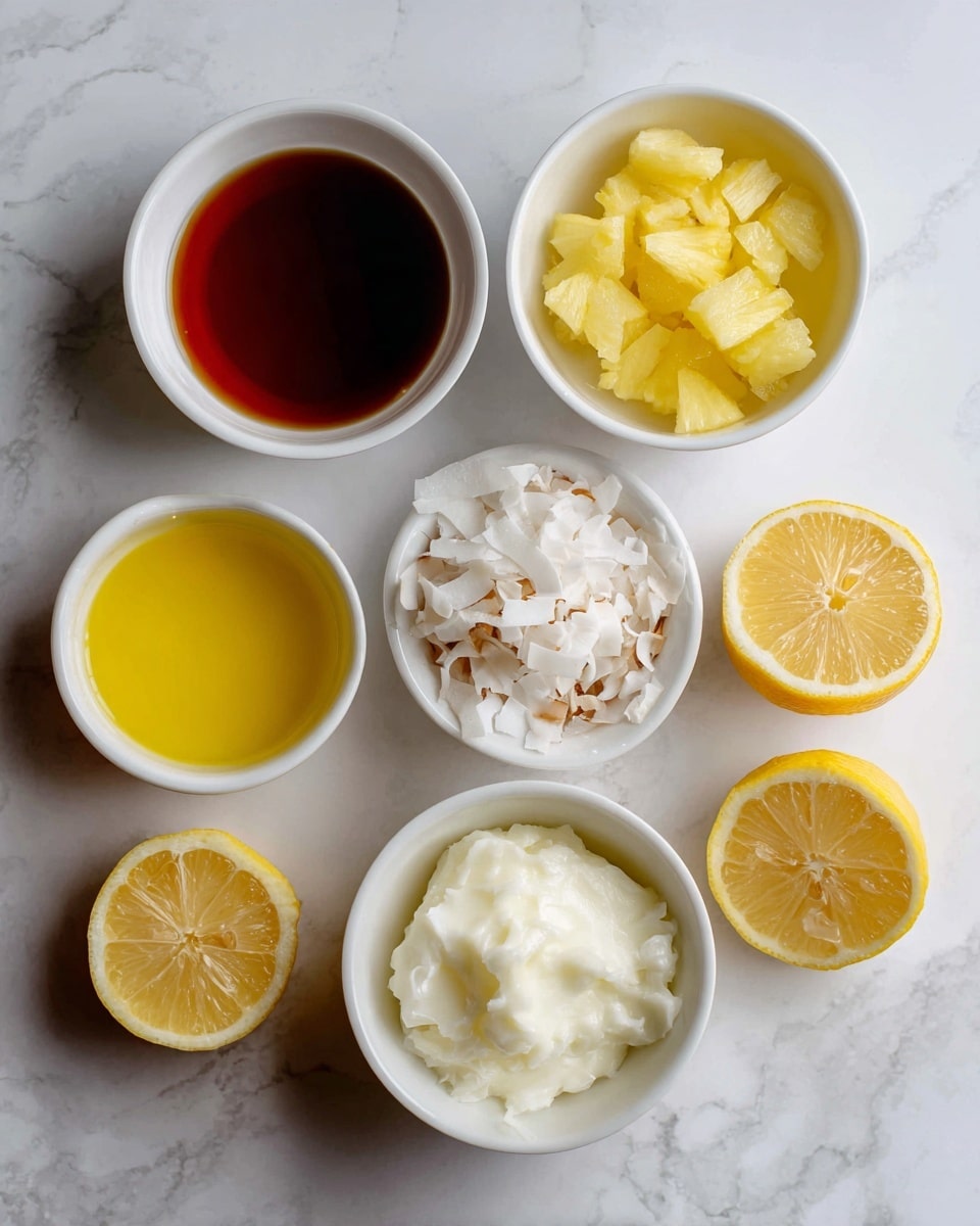 The image shows six small white bowls and two lemon halves arranged on a white marbled surface. At the top left, there is a bowl filled with a dark reddish-brown liquid. To the right of it is a bowl with small yellow chunks that look like pineapple. Below the pineapple bowl is a bowl full of shredded white coconut with some darker bits mixed in. On the left side near the bottom, a bowl filled with bright yellow liquid, likely melted butter or juice. At the center, a bowl is filled with a thick, creamy white substance. On each side of this bowl sit two halves of a lemon, showing their bright yellow inside. The arrangement is neat and well spaced, with clear colors and textures that stand out against the marbled background photo taken with an iphone --ar 4:5 --v 7