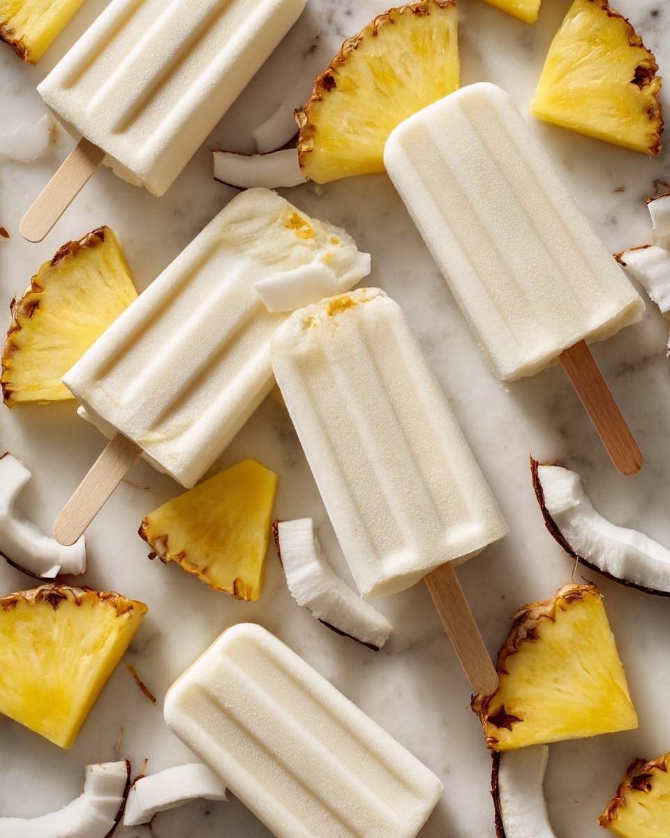 The image shows several white popsicles with yellow sticks laid on a white marbled surface. Around the popsicles are small pieces of pineapple with golden yellow flesh and brown skin, as well as chunks of white coconut with brown edges. The popsicles have a smooth texture with some light ridges, and the scene looks fresh and cool. photo taken with an iphone --ar 4:5 --v 7
