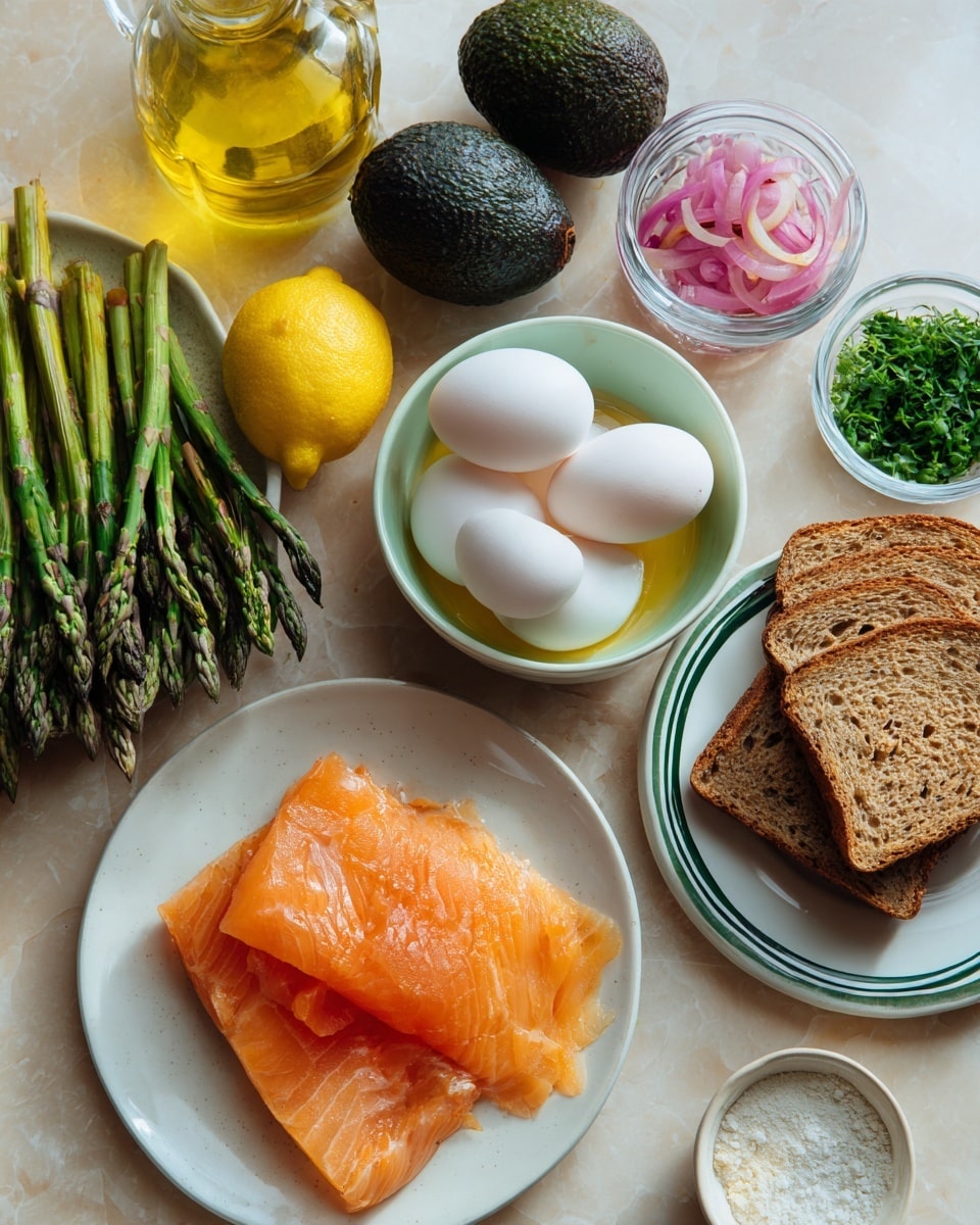 The image shows a collection of fresh ingredients arranged neatly on a white marbled surface. There is a white plate with three slices of smoked salmon layered thinly, shining with a soft orange hue. Beside it, a white bowl holds bright green asparagus pieces clustered together with a slightly rough texture. Nearby, three white eggs sit inside a clear glass bowl, smooth and round. Two whole dark green avocados with textured skin rest next to a jar filled with pickled pink onions, adding a pop of color. Another small clear bowl contains finely chopped green herbs, and a bright yellow lemon wedge is placed beside it. A glass bottle filled with golden olive oil stands tall near two slices of whole-wheat bread on a white plate with a green trim. A small bowl with a white powdery substance completes the arrangement. Photo taken with an iphone --ar 4:5 --v 7