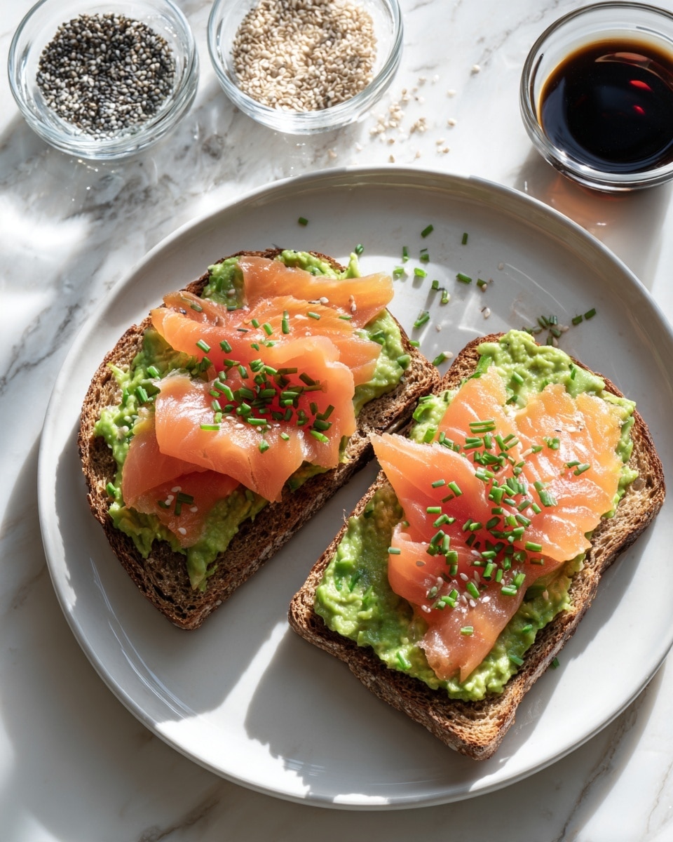 Two slices of whole grain toast sit on a white plate over a white marbled surface. The front slice has a base layer of green smashed avocado spread evenly, topped with several thin, soft pink slices of smoked salmon loosely folded. Small chopped green chives are sprinkled on top, adding contrast. The back slice also has the green smashed avocado spread over it, visible but without salmon. To the side of the plate, there are small clear bowls containing dark soy sauce and a mix of white and black sesame seeds. The lighting is bright and natural. Photo taken with an iphone --ar 4:5 --v 7