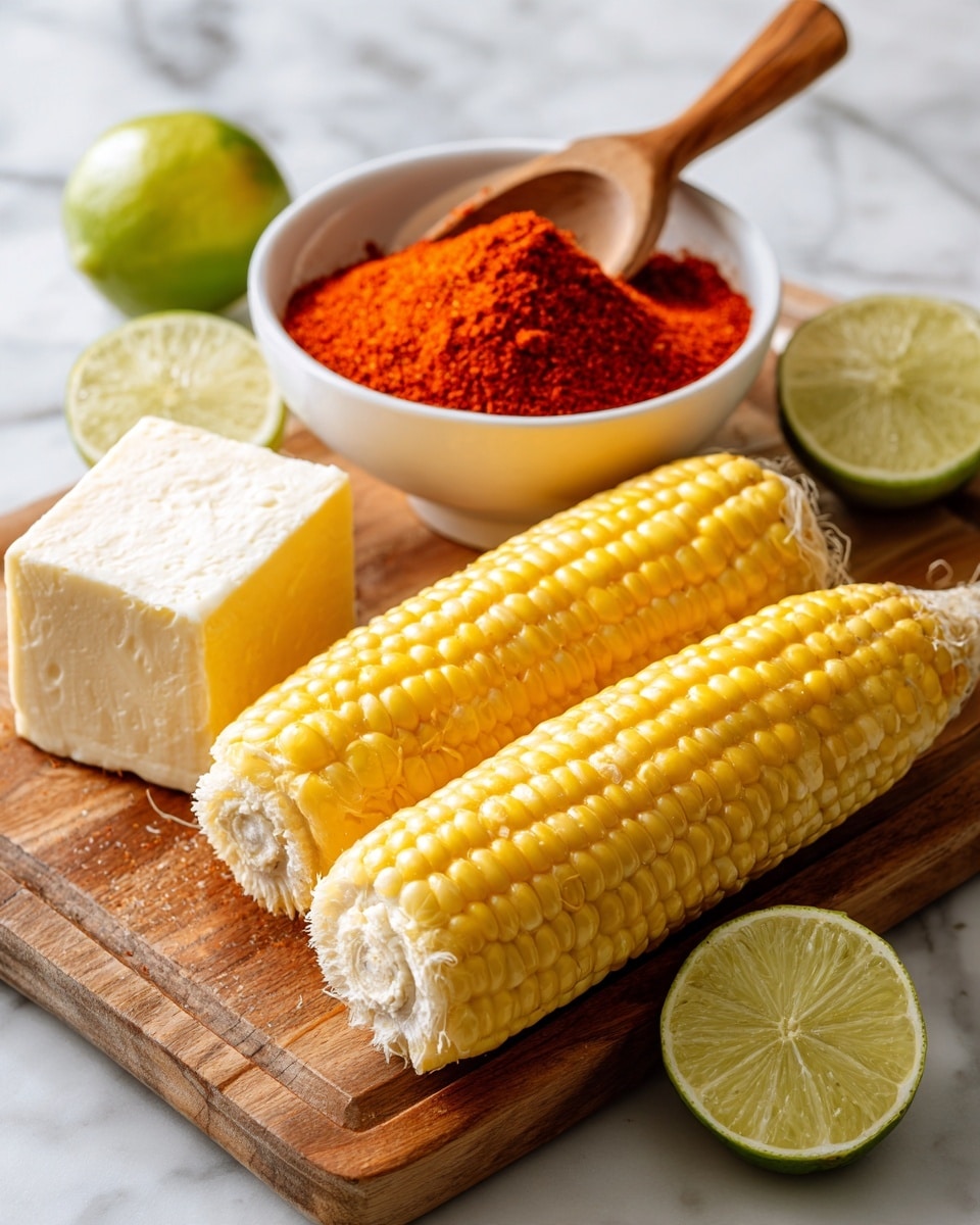 The image shows three ears of yellow corn, two fully peeled and one partially peeled, placed on a wooden board with a white block of cheese next to them. There are two lime halves and one lime wedge positioned at the top left. A white bowl filled with bright red chili powder is on the top right, with a wooden spoon resting on the bowl's edge. The scene is well-lit, capturing the natural colors and textures of the ingredients. The background is a white marbled surface. photo taken with an iphone --ar 4:5 --v 7