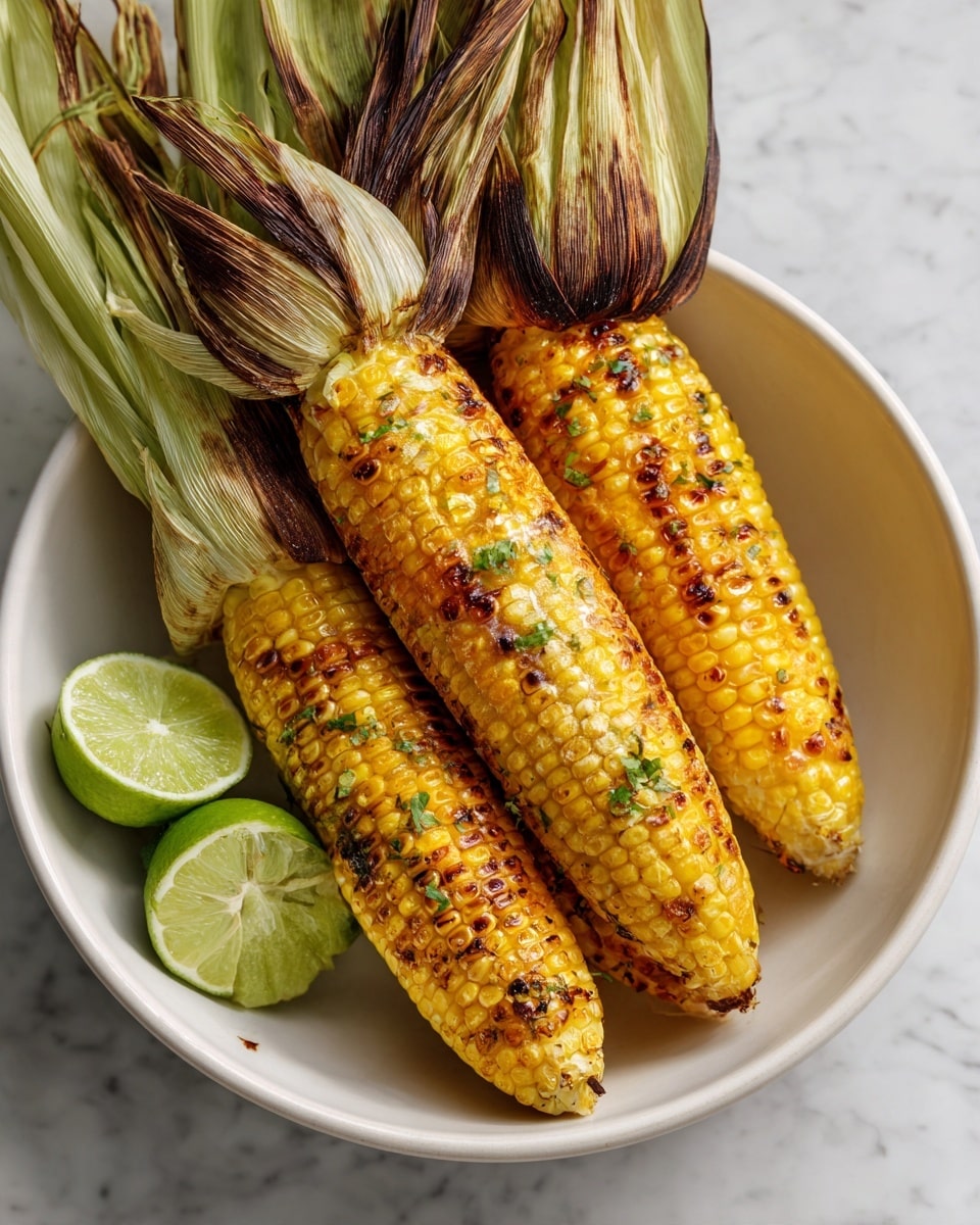Three grilled ears of corn with golden yellow kernels and some char marks are placed in a white bowl. The corn husks are pulled back and tied near the top, showing some dark brown grill spots and a rough texture. Small green herb sprinkles are scattered over the corn. Two lime wedges sit inside the bowl on the left side. The bowl rests on a white marbled surface. photo taken with an iphone --ar 4:5 --v 7