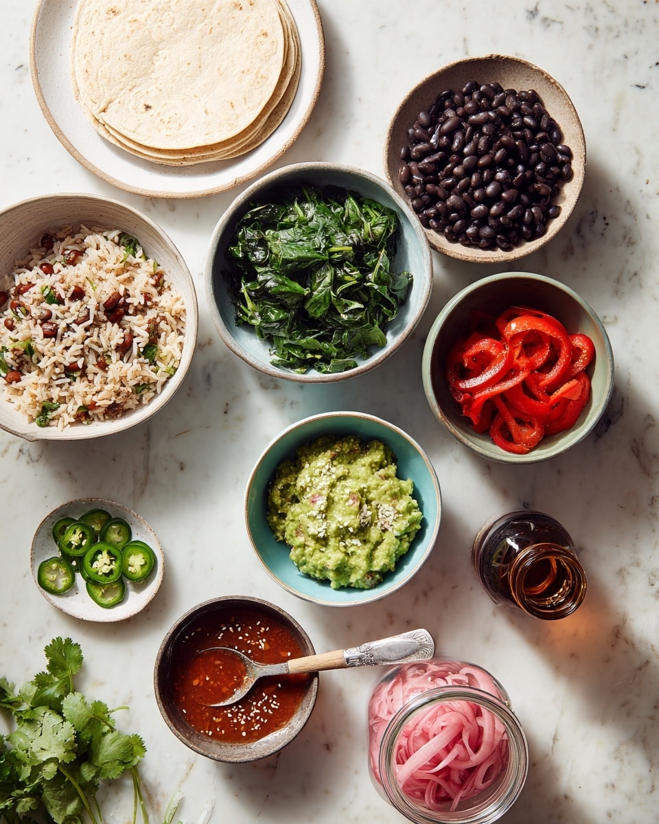 A spread of ingredients for a meal is shown on a white marbled surface. On the top left, a stack of soft, light beige tortillas lie on a white plate. Near center, a brown bowl is filled with fresh dark green spinach leaves. Below, a light blue bowl holds black beans with a slightly shiny surface. To the left, a beige bowl contains cooked rice with mixed small pieces of vegetables, mostly reds and greens. Next to the rice is a bowl of chunky green guacamole with pieces of tomato. Above that, bright red sliced cooked bell peppers in a white bowl with a silver spoon. At the center, a small green bowl holds a red sauce with visible spices and seeds and a wooden spoon inside. To the right of the spinach, a small white bowl has sliced green jalapeno peppers. Next to it is a glass jar with bright pink pickled onions and a silver spoon. A brown bottle, partially topped and open, sits near the tortillas, and some fresh green cilantro sprigs are visible at the bottom left. photo taken with an iphone --ar 4:5 --v 7