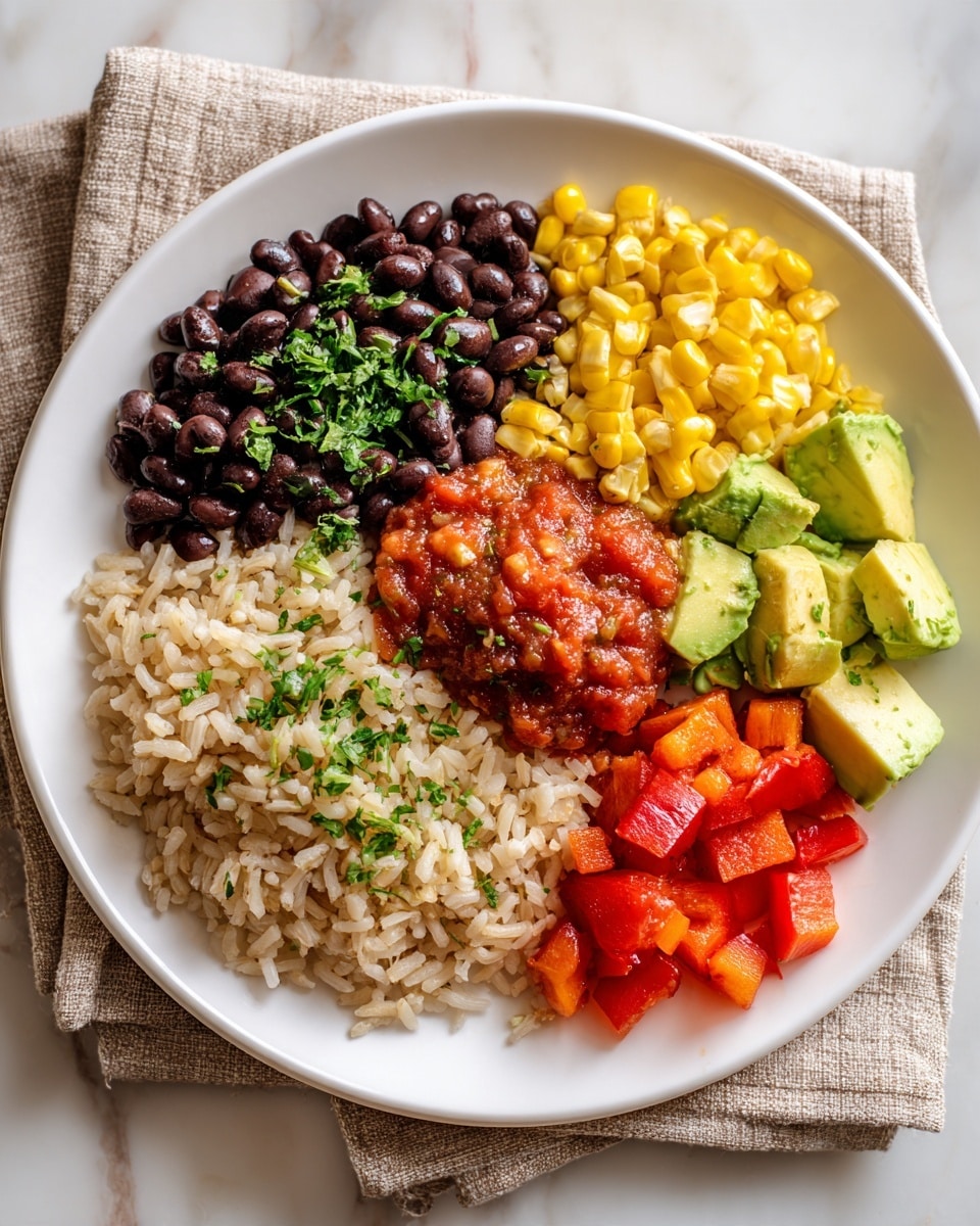A white round plate shows a meal divided into five neat sections. Starting from the left, there is a portion of light brown cooked rice with a soft texture, topped with small green herb bits. Above the rice to the top left, there is a pile of shiny black beans with a smooth surface, also sprinkled with green herbs. To the right of the rice and beans, there is a small mound of bright yellow corn kernels. Next to the corn on the right side are small cubes of light green avocado. At the bottom right, there are bright red bell pepper pieces cut into small squares. In the center of the plate, over the rice and slightly touching other ingredients, there is a dollop of chunky red salsa with visible tomato bits, also decorated with chopped green herbs. The plate is set on a beige cloth on a white marbled surface. Photo taken with an iphone --ar 4:5 --v 7