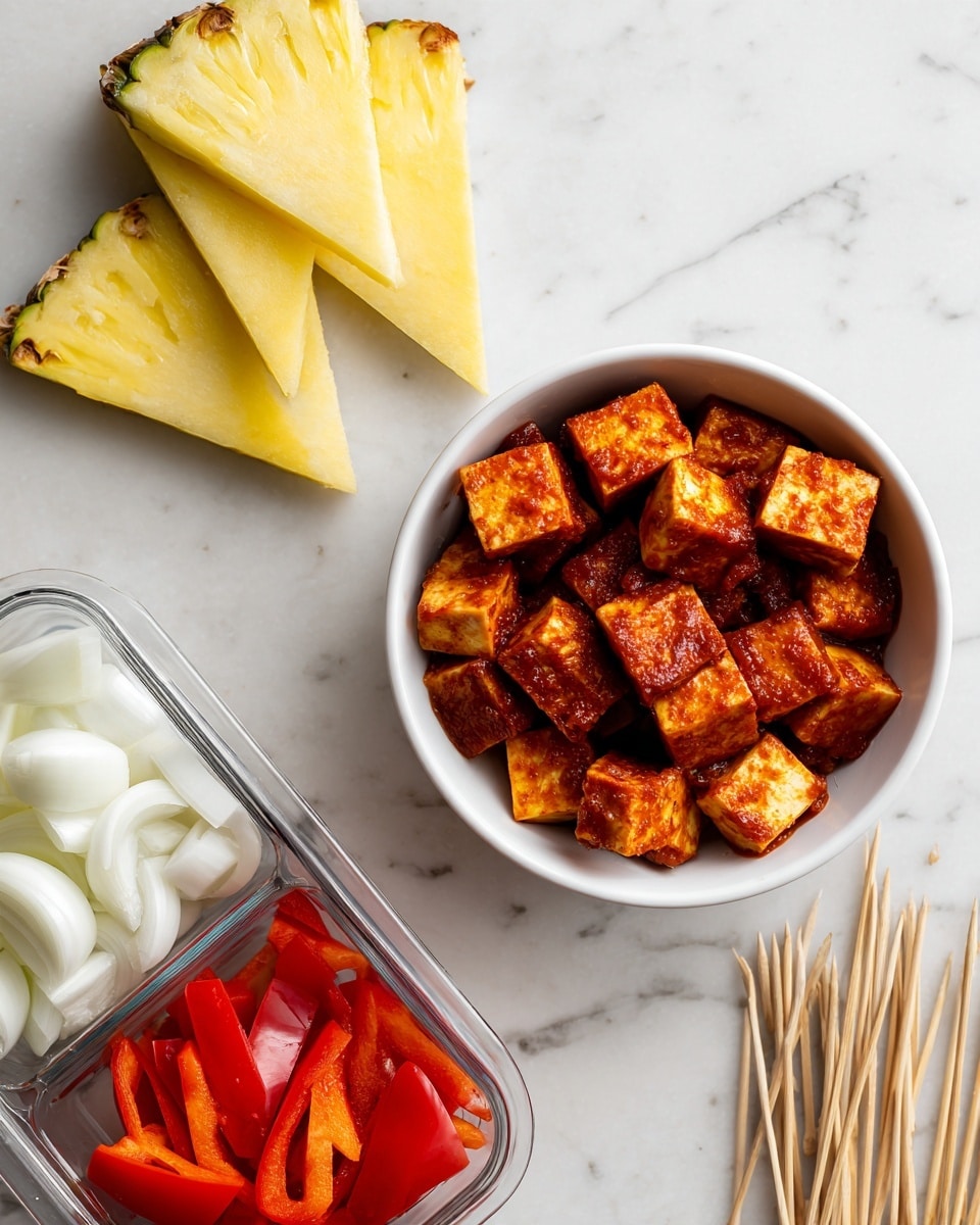 The image shows three food items placed on a white marbled surface. The main focus is a white bowl filled with square tofu cubes that are coated in a reddish-brown sauce, arranged in a single layer. Above the bowl, there are five triangular pineapple slices with bright yellow color and some brown edges, along with a part of a pineapple crown. Below the bowl, there is a clear square container holding two sections of chopped vegetables: bright red bell peppers on the left and white onions on the right. To the right of this container, there are several bamboo skewers scattered diagonally. Photo taken with an iphone --ar 4:5 --v 7