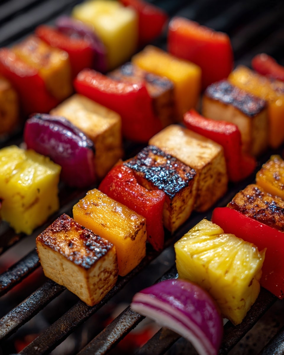 The image shows close-up of several skewers laying on a grill with visible grill bars underneath. Each skewer has a repeating pattern of four layers: a light brown cube of tofu with grill marks and smooth texture as the first layer, followed by a bright red bell pepper piece with glossy, smooth surface as the second layer, then a yellow piece of pineapple with a shiny and slightly translucent texture as the third layer, and a thin layer of red onion with slightly purple color between some pieces. The layers alternate evenly, creating a colorful pattern of brown, red, yellow, and purple tones. The background is dark and blurred, focusing on the glowing and shiny food pieces on the grill. photo taken with an iphone --ar 4:5 --v 7
