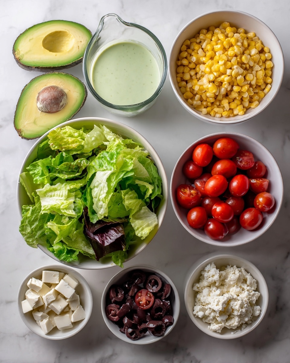 The image shows a flat view of seven white bowls on a white marbled surface, each filled with different salad ingredients. Starting from the bottom left, there is a large white bowl filled with fresh leafy green lettuce. Above it, a smaller white bowl contains bright yellow corn kernels. To the right of the corn, a white bowl is filled with halved red cherry tomatoes. Above these tomatoes, there is a glass measuring cup holding a light green creamy dressing. At the bottom right, two small white bowls hold dark brown chopped olives and crumbled white cheese. Two avocado halves with dark green skin and light green flesh sit on the top left of the frame. Photo taken with an iphone --ar 4:5 --v 7