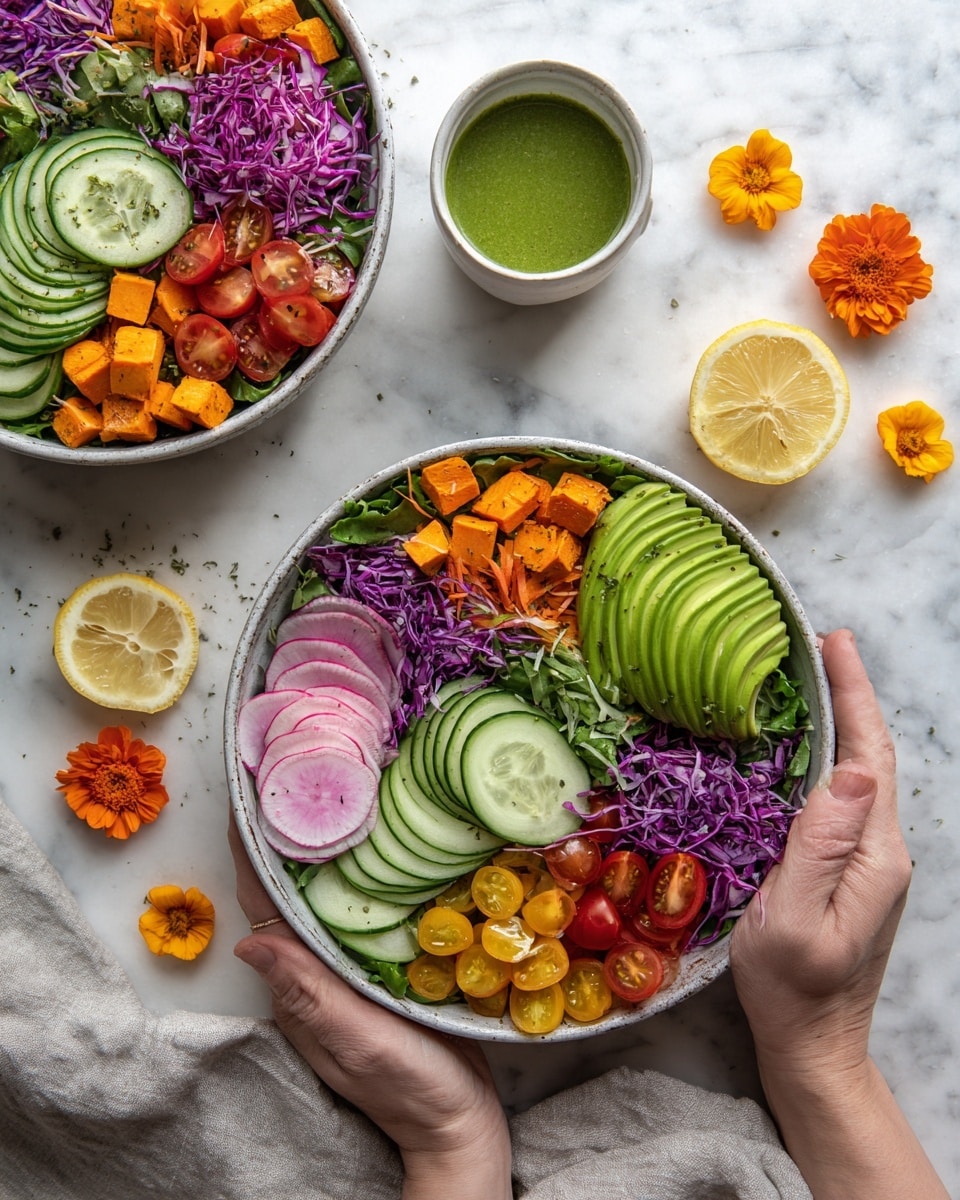 Two large, round white bowls filled with fresh salad sit on a white marbled surface. Each bowl has multiple colorful layers starting with a base of green leafy lettuce and purple cabbage. On top of the greens, there are slices of cucumber and radish arranged neatly, along with small orange cubes of sweet potato and halved cherry tomatoes in red and yellow. Each bowl is topped with a few thick slices of avocado, fanned out evenly. A small white bowl of green dressing sits nearby, with lemon wedges and edible orange flowers scattered around. A woman's hand is not visible in the shot. photo taken with an iphone --ar 4:5 --v 7