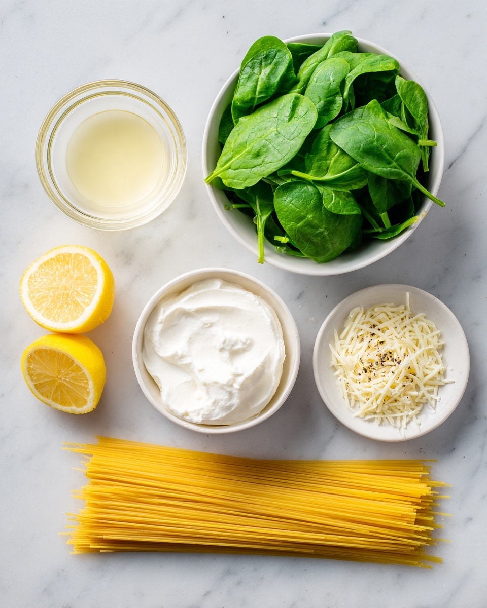 A top view of fresh ingredients arranged on a white marbled surface: a bowl full of bright green spinach leaves on the top left, next to a small bowl of shredded white cheese to the right. Below the cheese, there is a clear glass container with a light golden liquid. To the right of the liquid, there is a neat bundle of long, uncooked yellow spaghetti. On the bottom left, a white bowl contains soft, white ricotta cheese with a smooth texture. Below that are two halves of a bright yellow lemon, showing the juicy pulp inside. Lastly, on the bottom right, a small white plate holds a garlic clove, black pepper, and salt side by side. Photo taken with an iphone --ar 4:5 --v 7